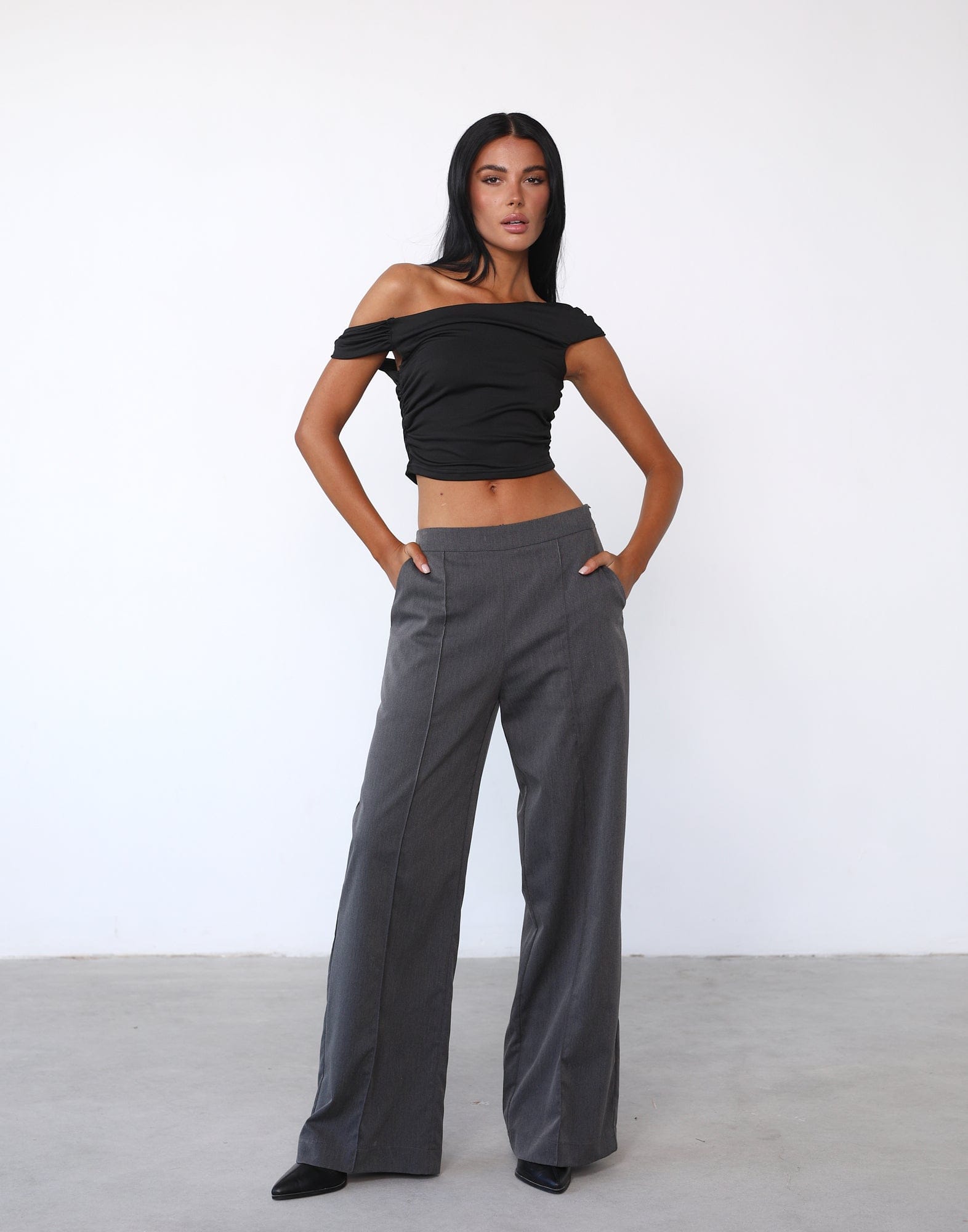 Sammey Wide Leg Relaxed Fit Trousers Charcoal Grey