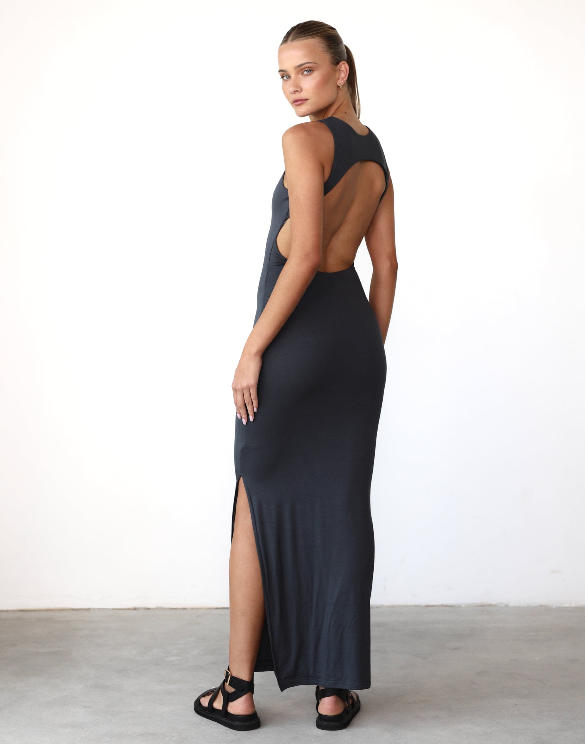 Forget It Maxi Dress Charcoal Backless Detail Bodycon Maxi