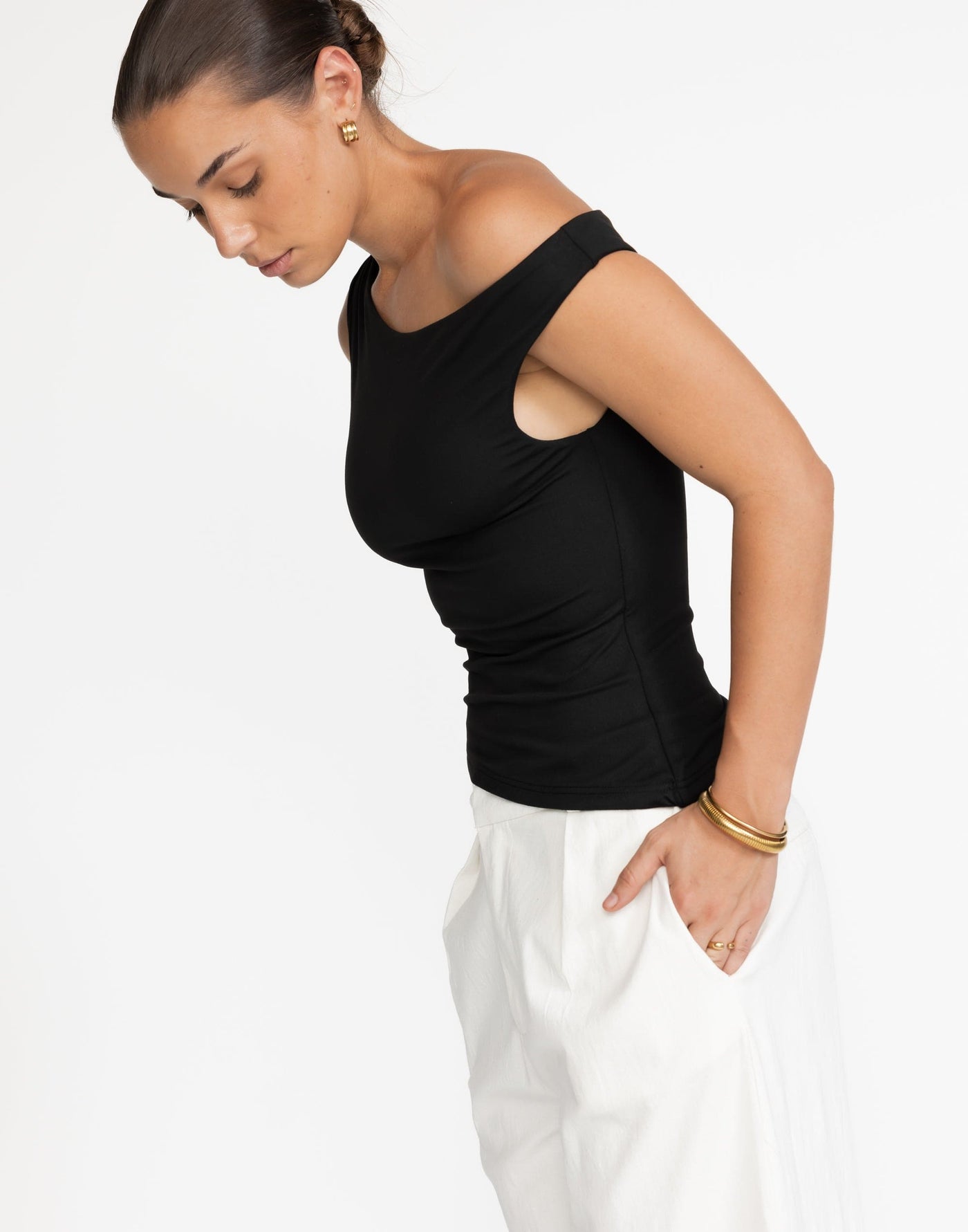 Lulu Top (Black) | CHARCOAL Exclusive - Bodycon Off Shoulder Top - Women's Top - Charcoal Clothing