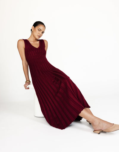 Mariposa Maxi Dress (Cranberry) | CHARCOAL Exclusive - V-neck Adjustable Waist Tie Ribbed Bodycon Dress - Women's Dress - Charcoal Clothing