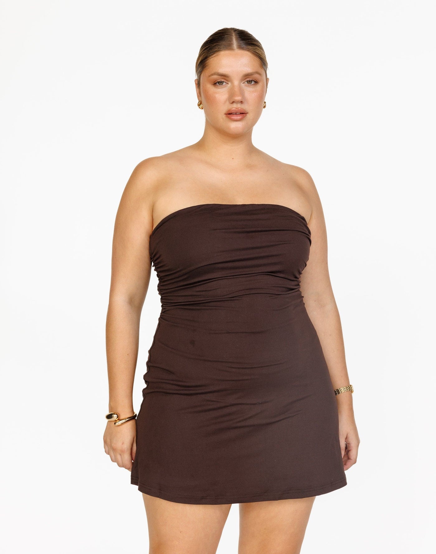 Sarie Mini Dress (Chocolate) | CHARCOAL Exclusive - Strapless Bodycon Jersey Flared Hem Gathered Detail Mini Dress - Women's Dress - Charcoal Clothing