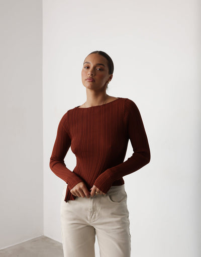 Kienna Long Sleeve Top (Brick) | CHARCOAL Exclusive - Ribbed Boat Neck Asymmetrical Hemline Top - Women's Top - Charcoal Clothing