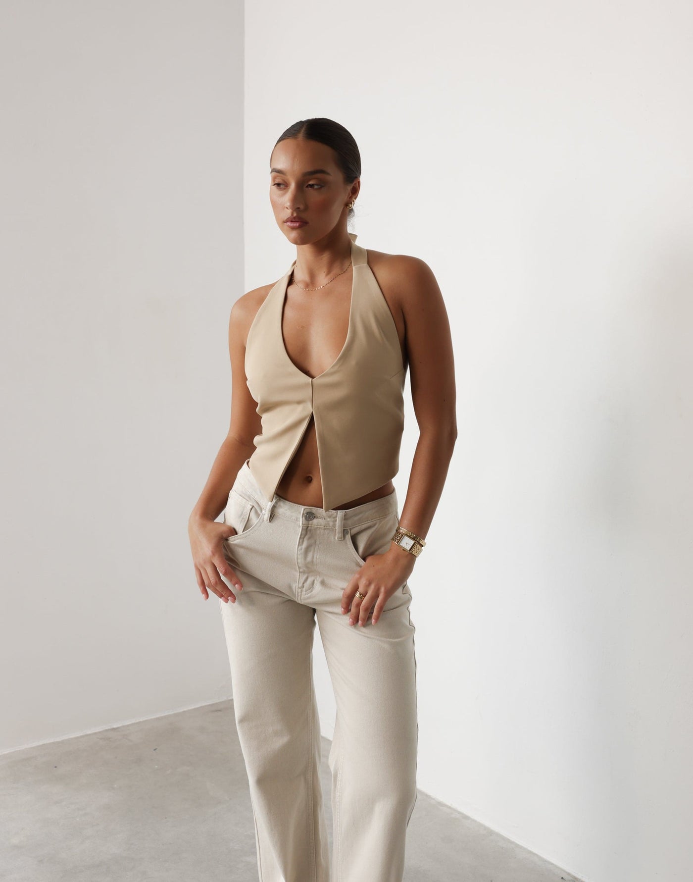 Kailani Top (Camel) | CHARCOAL Exclusive - Tie Up Neck V-Neck Open Back Top - Women's Top - Charcoal Clothing