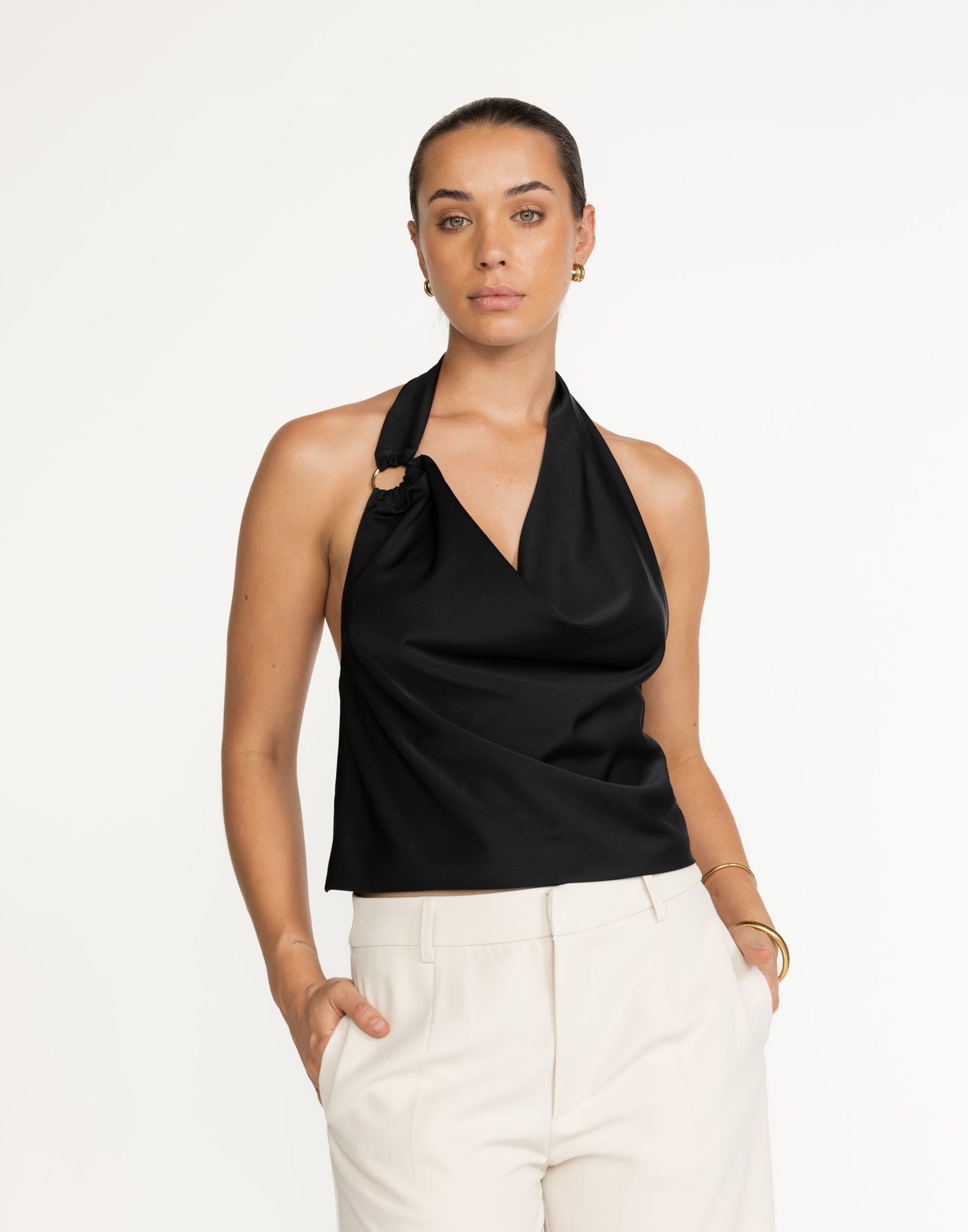 Theda Top (Black) | CHARCOAL Exclusive - Cowl Neckline, Gold Detailing - Women's Top - Charcoal Clothing