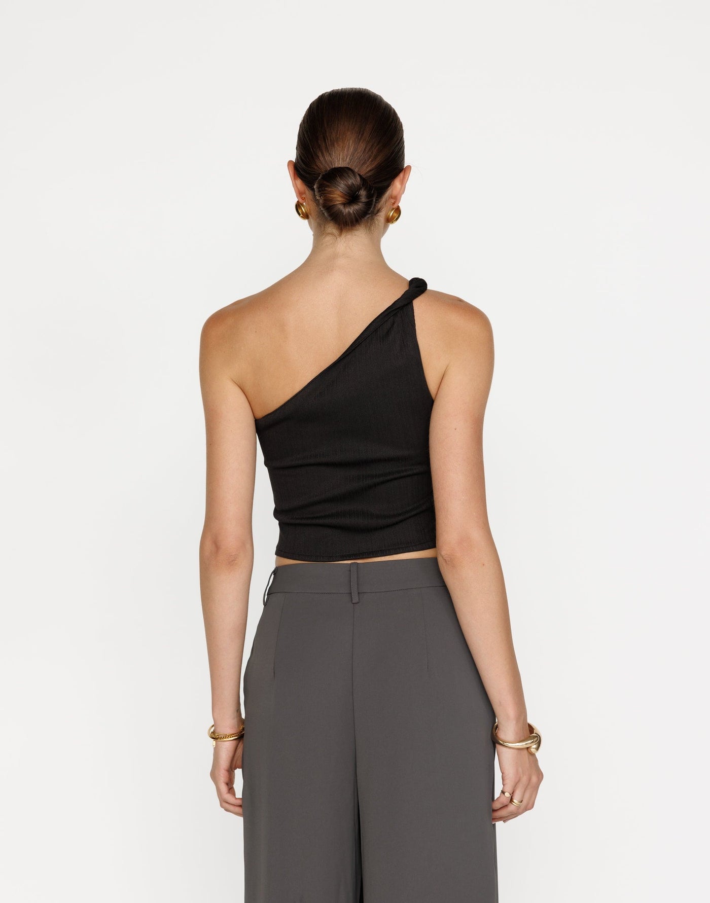 Kiana Top (Black) | CHARCOAL Exclusive - Asymmetrical Neck and Hem Bodycon Top - Women's Top - Charcoal Clothing