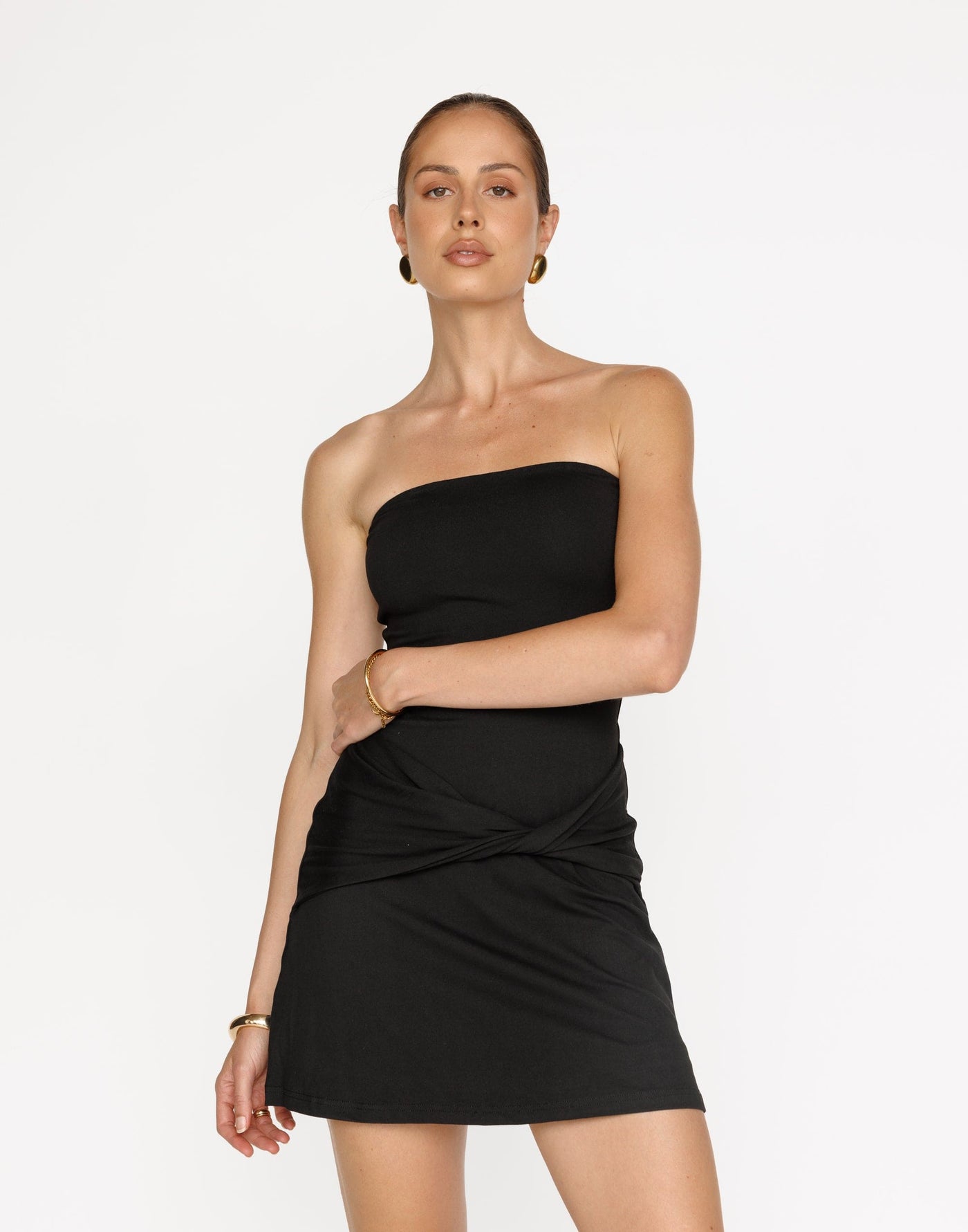 Edela Mini Dress (Black) | CHARCOAL Exclusive - Twisted Front Detail Strapless Dress - Women's Dress - Charcoal Clothing