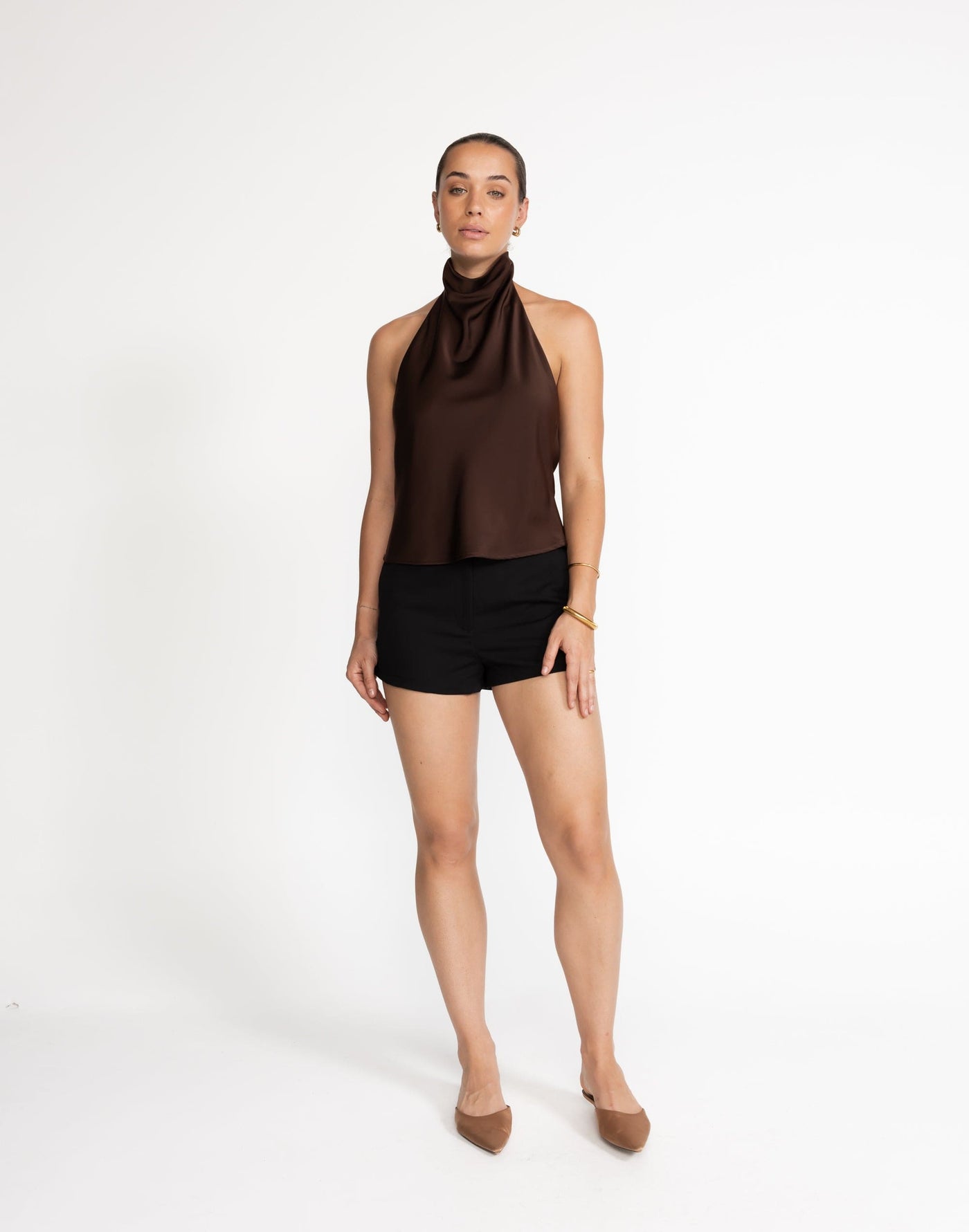 Gilda Top (Cocoa) | CHARCOAL Exclusive - High Neckline, Open Back Cowl - Women's Top - Charcoal Clothing