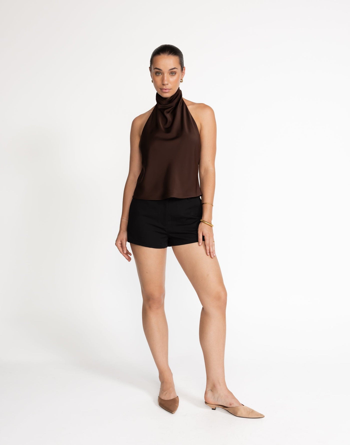 Gilda Top (Cocoa) | CHARCOAL Exclusive - High Neckline, Open Back Cowl - Women's Top - Charcoal Clothing