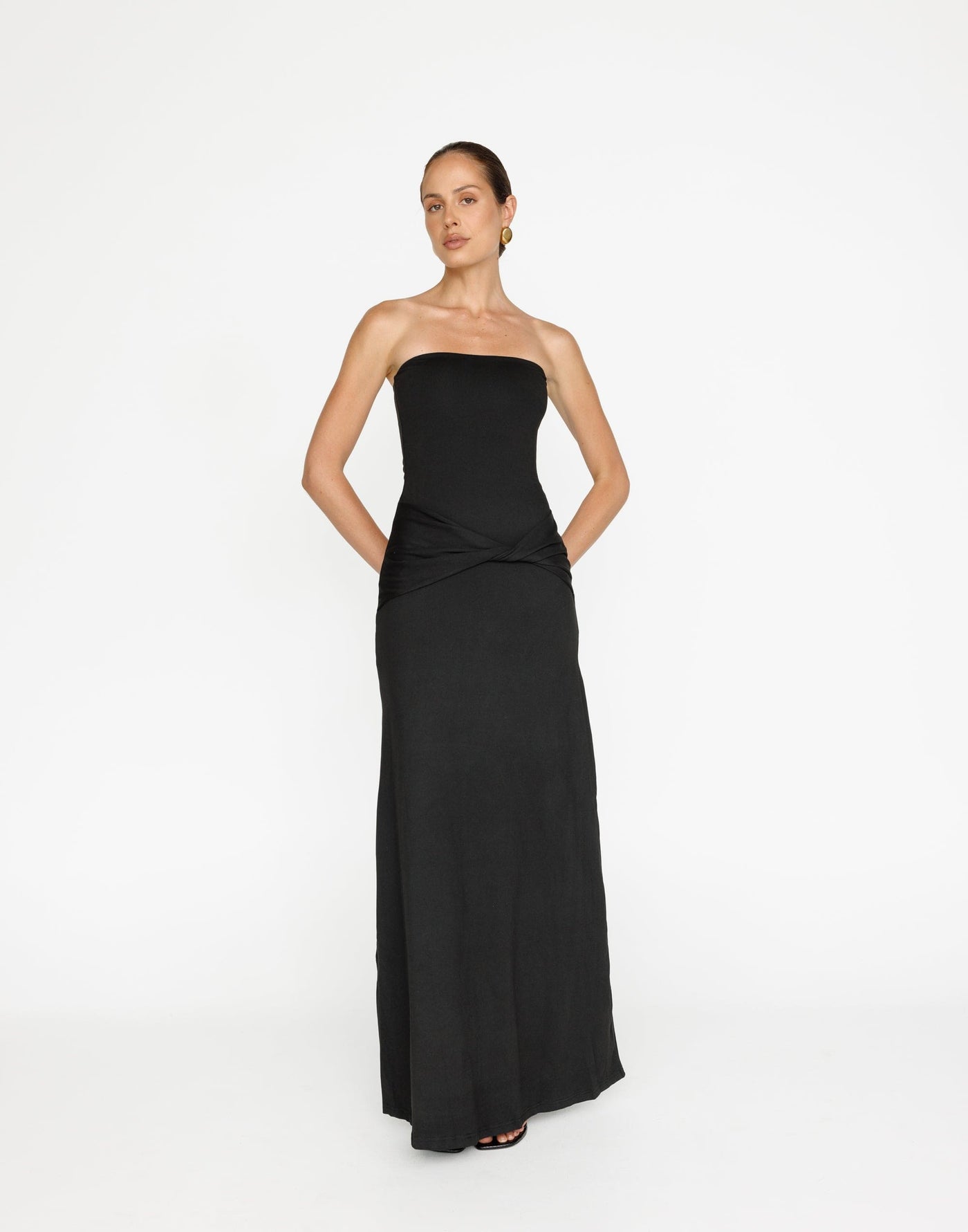 Edela Maxi Dress (Black) | CHARCOAL Exclusive - Twisted Front Detail Strapless Dress - Women's Dress - Charcoal Clothing