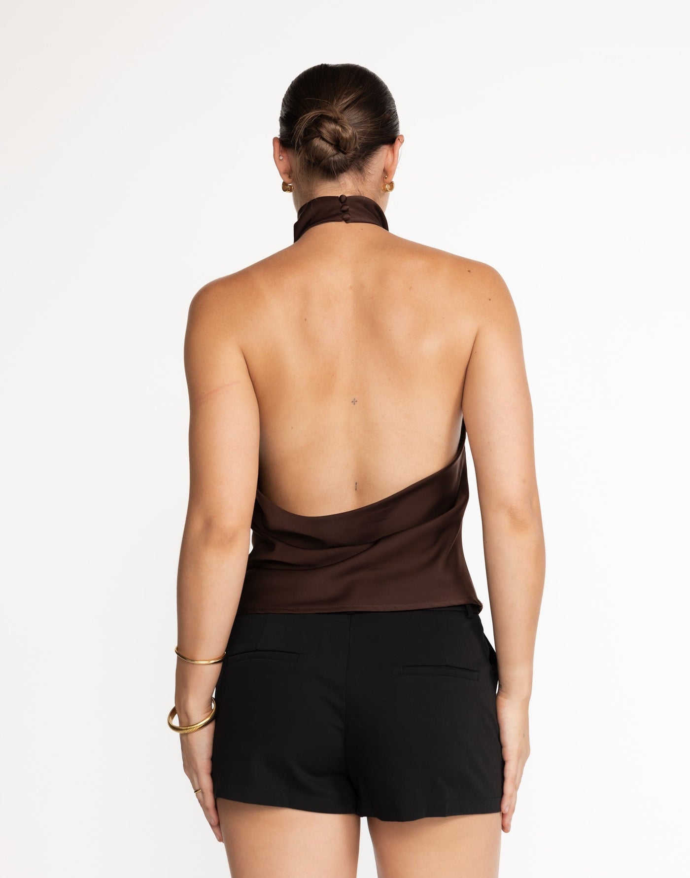 Gilda Top (Cocoa) | CHARCOAL Exclusive - High Neckline, Open Back Cowl - Women's Top - Charcoal Clothing