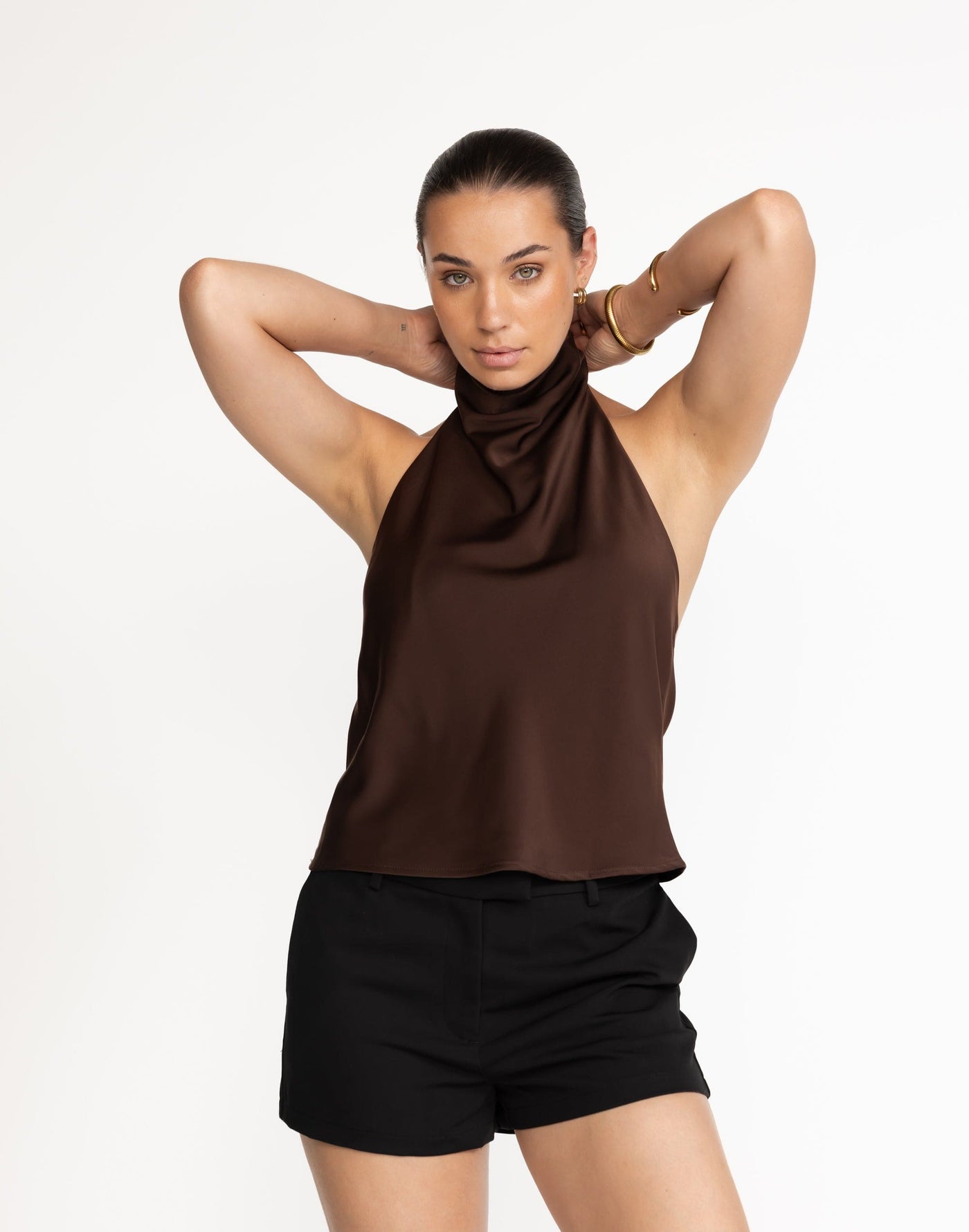 Gilda Top (Cocoa) | CHARCOAL Exclusive - High Neckline, Open Back Cowl - Women's Top - Charcoal Clothing