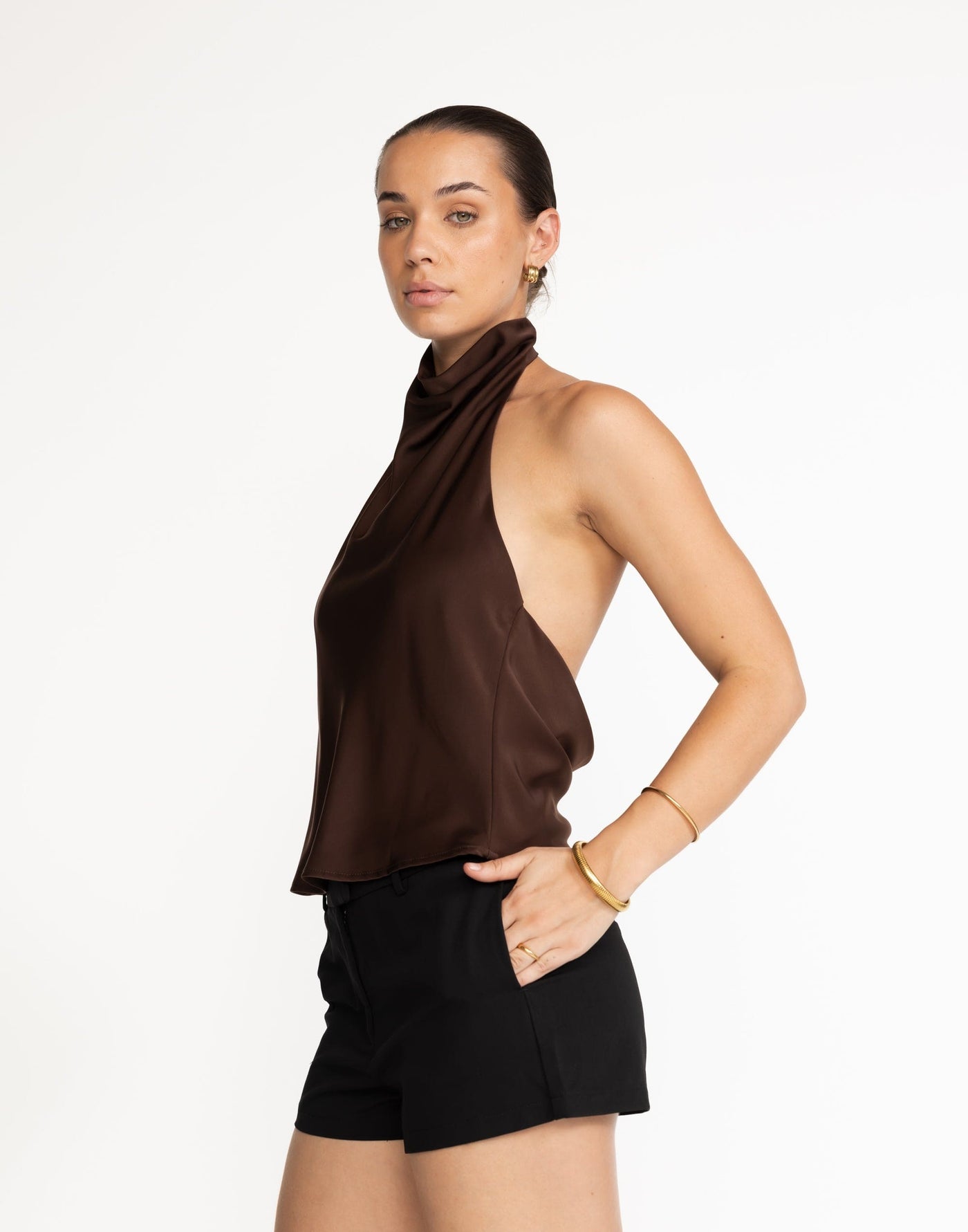 Gilda Top (Cocoa) | CHARCOAL Exclusive - High Neckline, Open Back Cowl - Women's Top - Charcoal Clothing