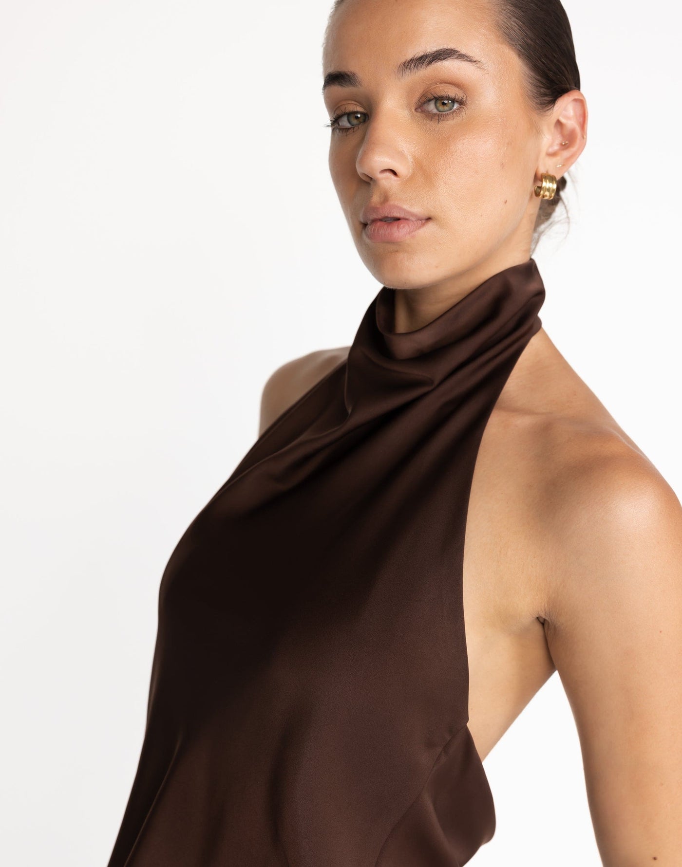 Gilda Top (Cocoa) | CHARCOAL Exclusive - High Neckline, Open Back Cowl - Women's Top - Charcoal Clothing