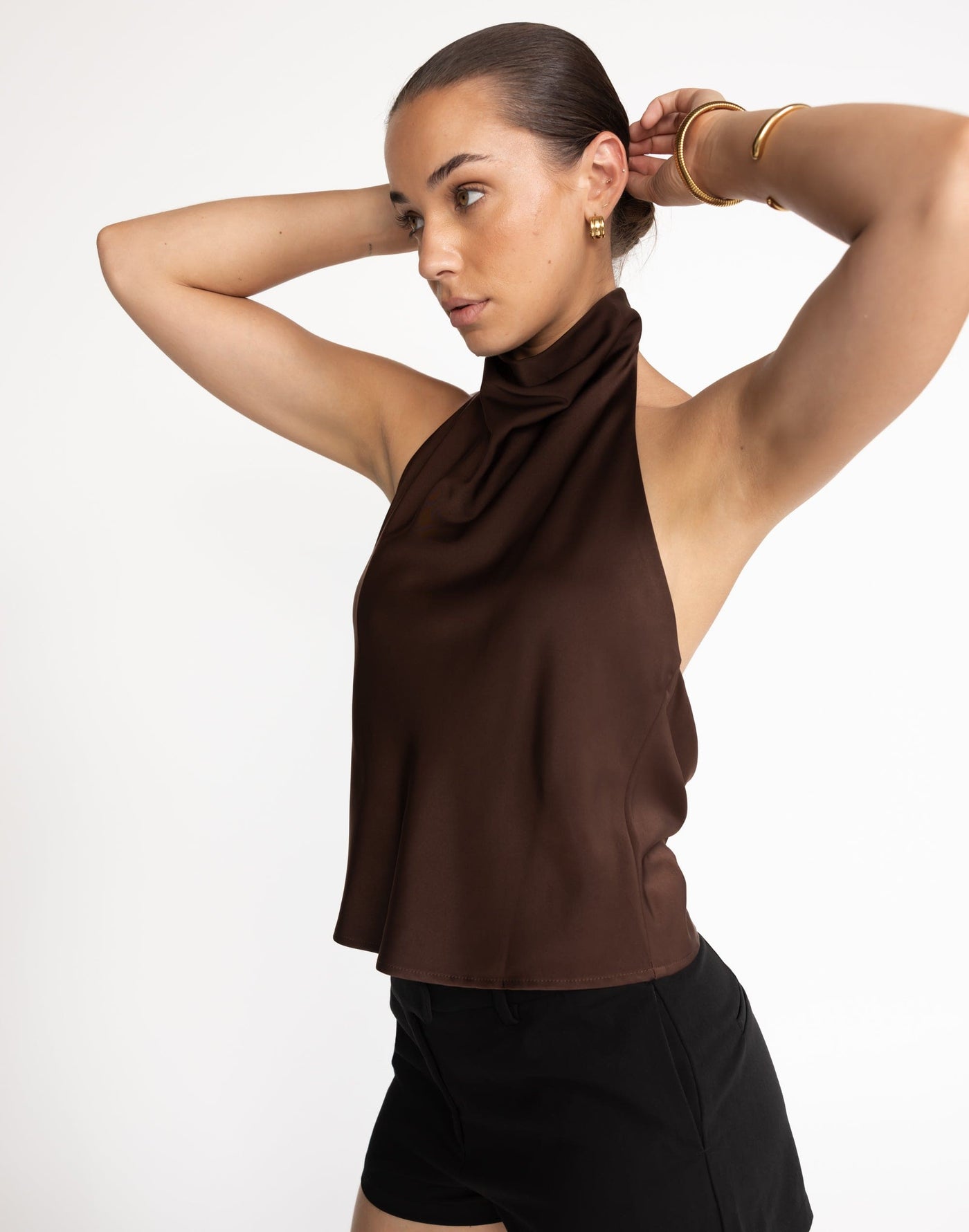 Gilda Top (Cocoa) | CHARCOAL Exclusive - High Neckline, Open Back Cowl - Women's Top - Charcoal Clothing