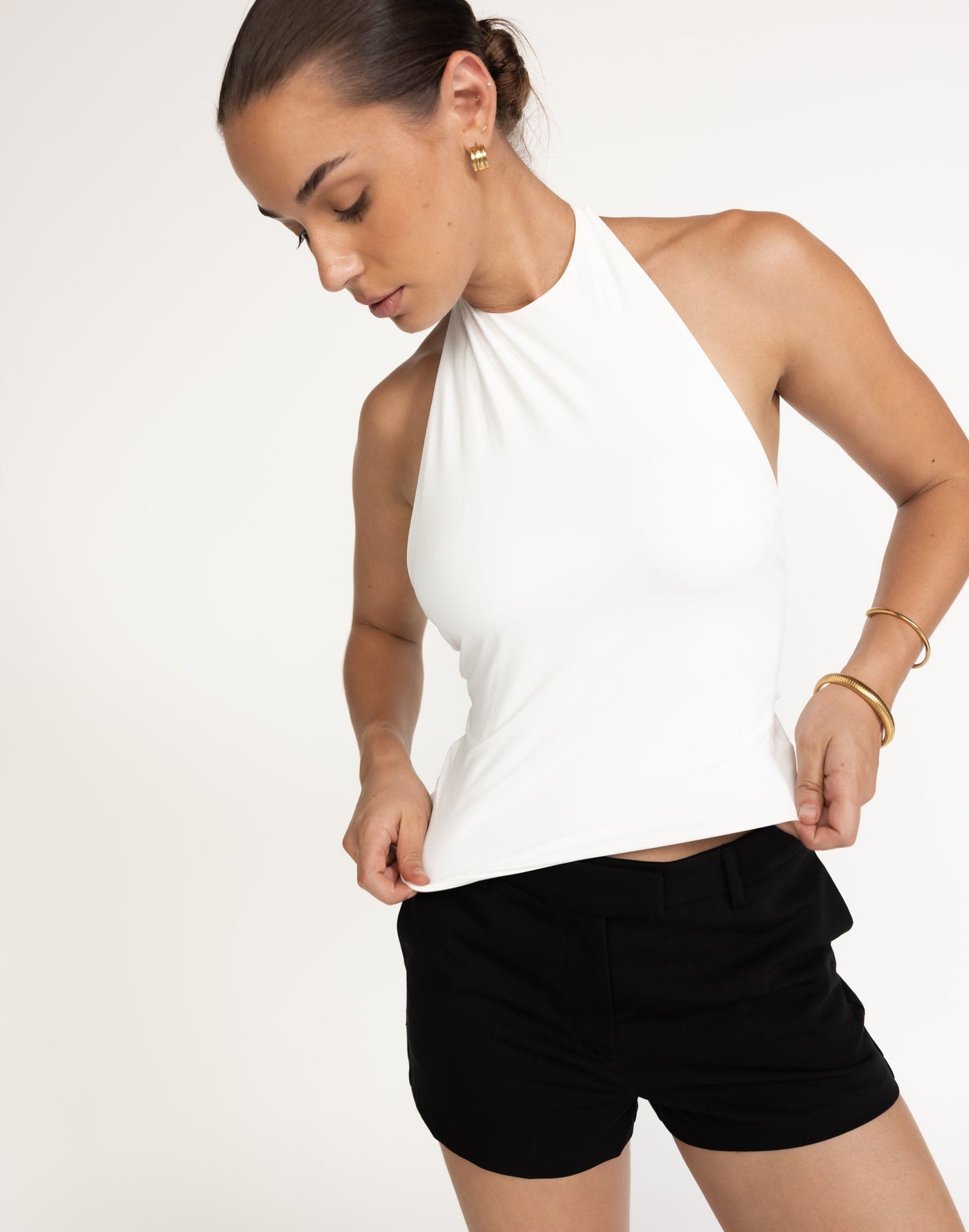 Speakeasy Top (White) | CHARCOAL Exclusive - Tie Up Halter, Gold Detailing - Women's Top - Charcoal Clothing