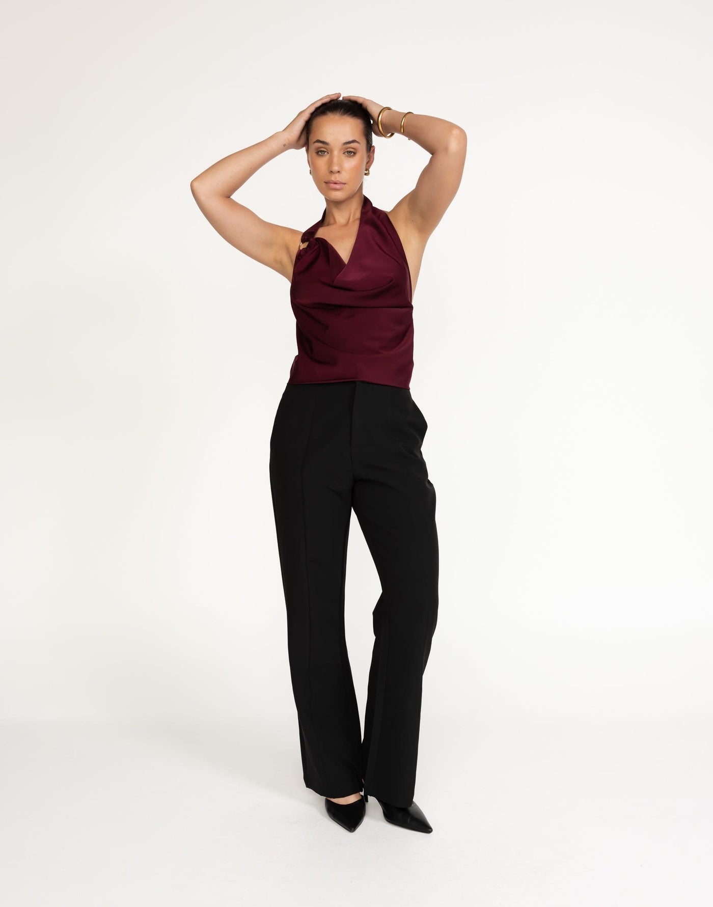 Theda Top (Plum) | CHARCOAL Exclusive - Cowl Neckline, Gold Detailing - Women's Top - Charcoal Clothing