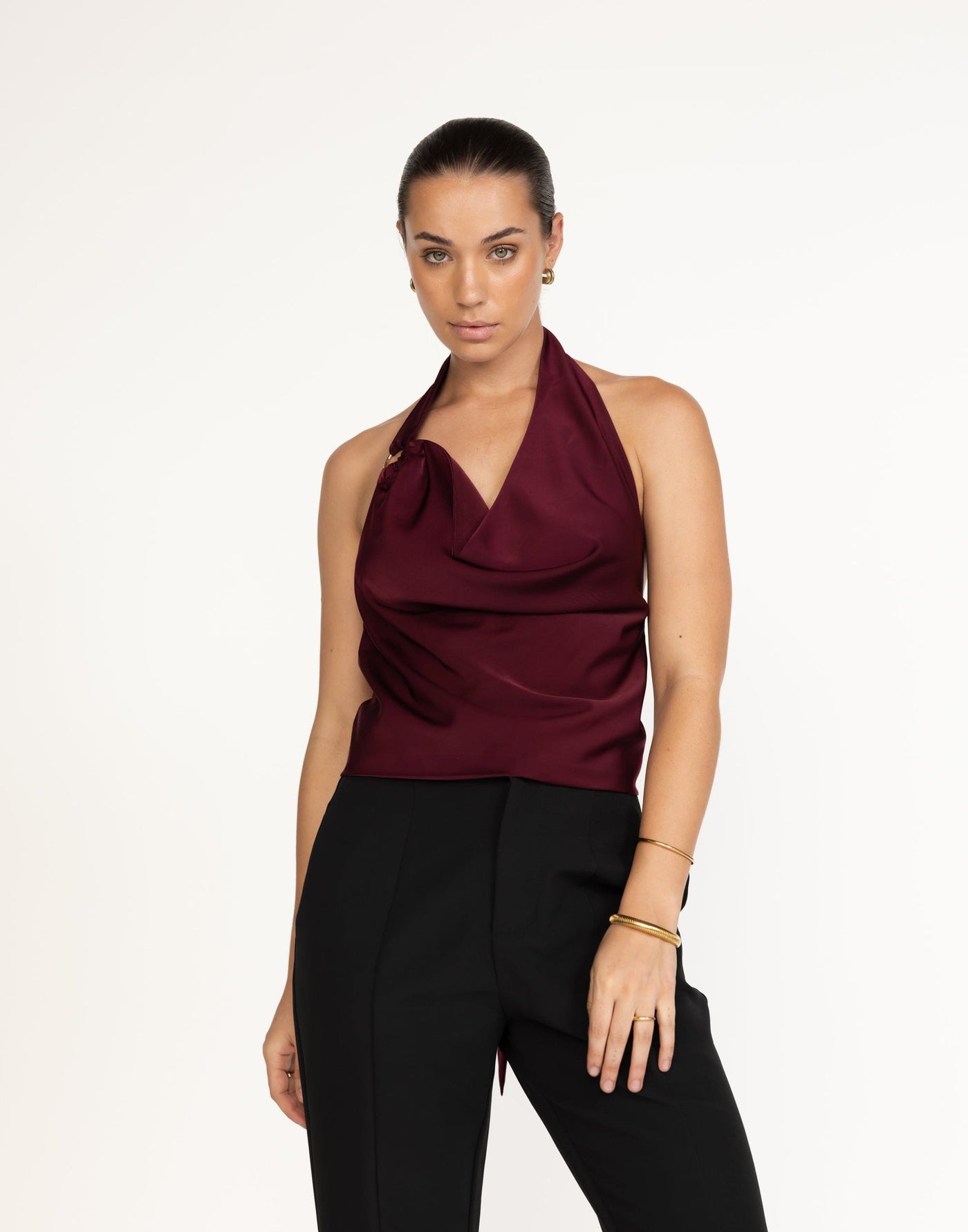 Theda Top (Plum) | CHARCOAL Exclusive - Cowl Neckline, Gold Detailing - Women's Top - Charcoal Clothing