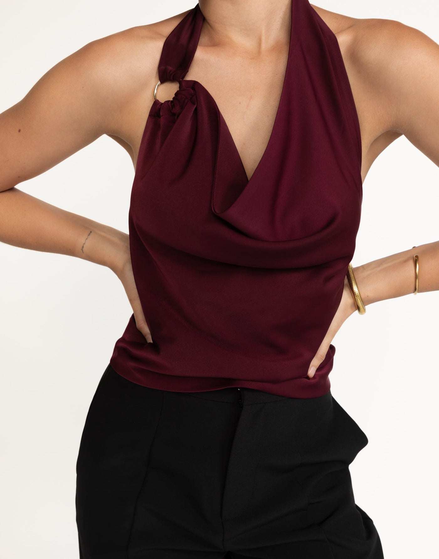 Theda Top (Plum) | CHARCOAL Exclusive - Cowl Neckline, Gold Detailing - Women's Top - Charcoal Clothing