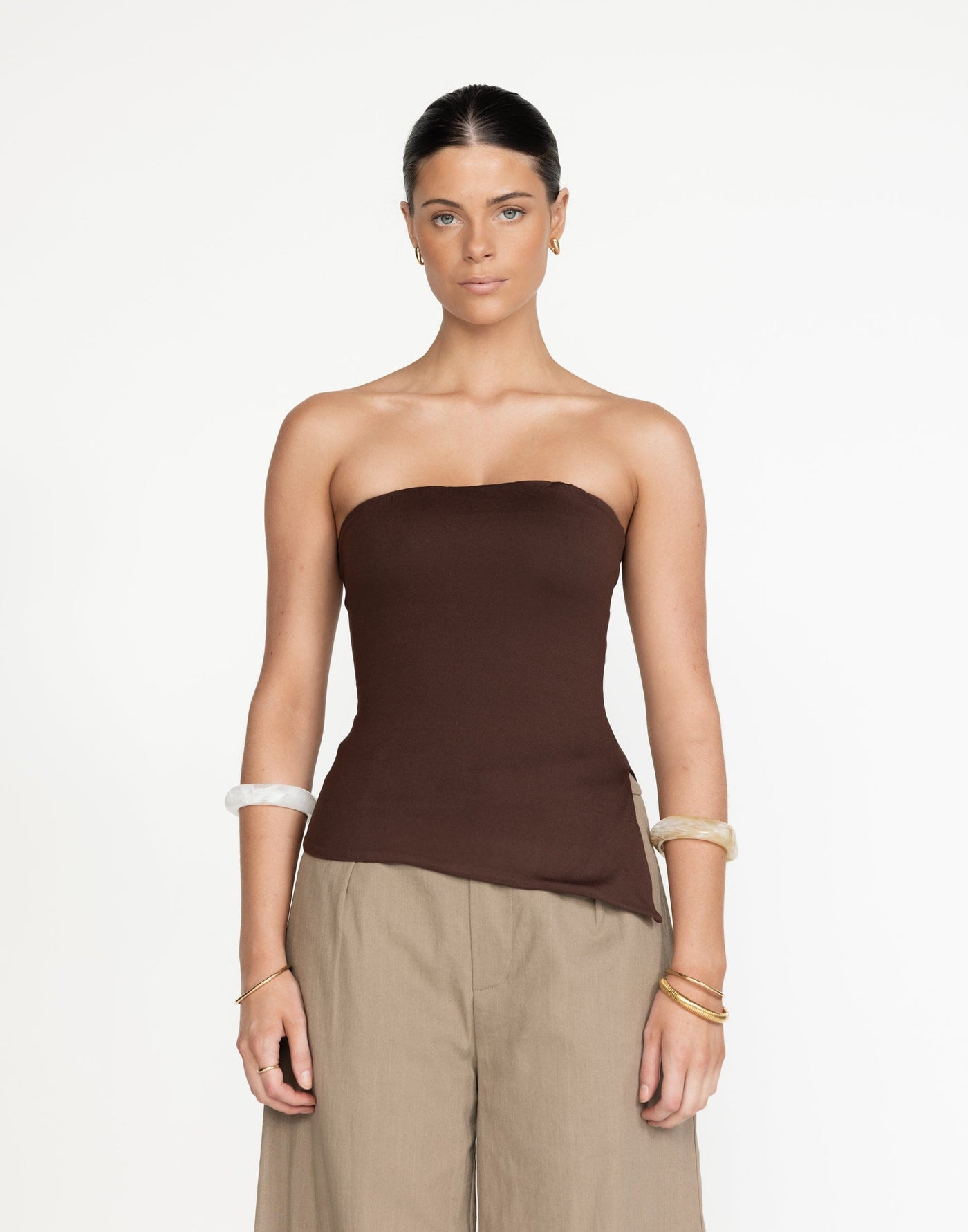 Monique Strapless Top (Cocoa) | Charcoal Clothing Exclusive - Bodycon Lined Jersey Asymmetrical Hemline Top - Women's Top - Charcoal Clothing