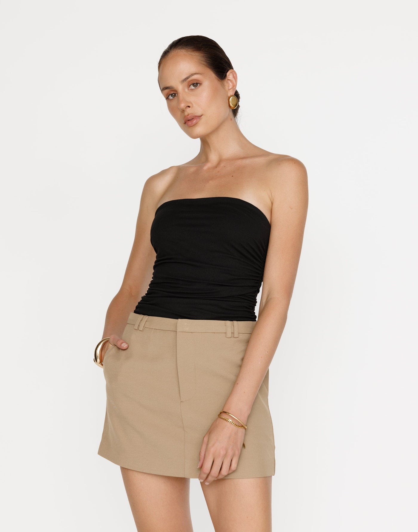 Nailah Mini Skirt (Hazelnut) | CHARCOAL Exclusive - Double Belt Looped Mini Skirt - Women's Skirt - Charcoal Clothing