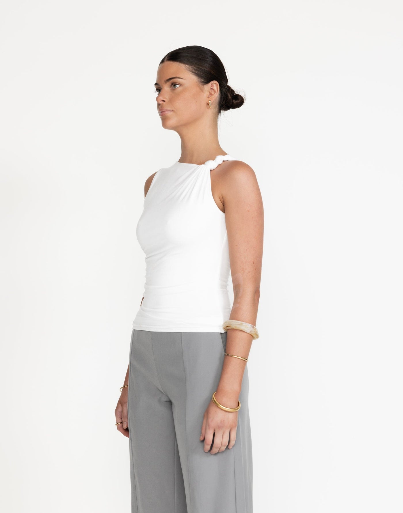 Sahana Top (White) - Twisted Shoulder Bodycon Longline Top - Women's Top - Charcoal Clothing