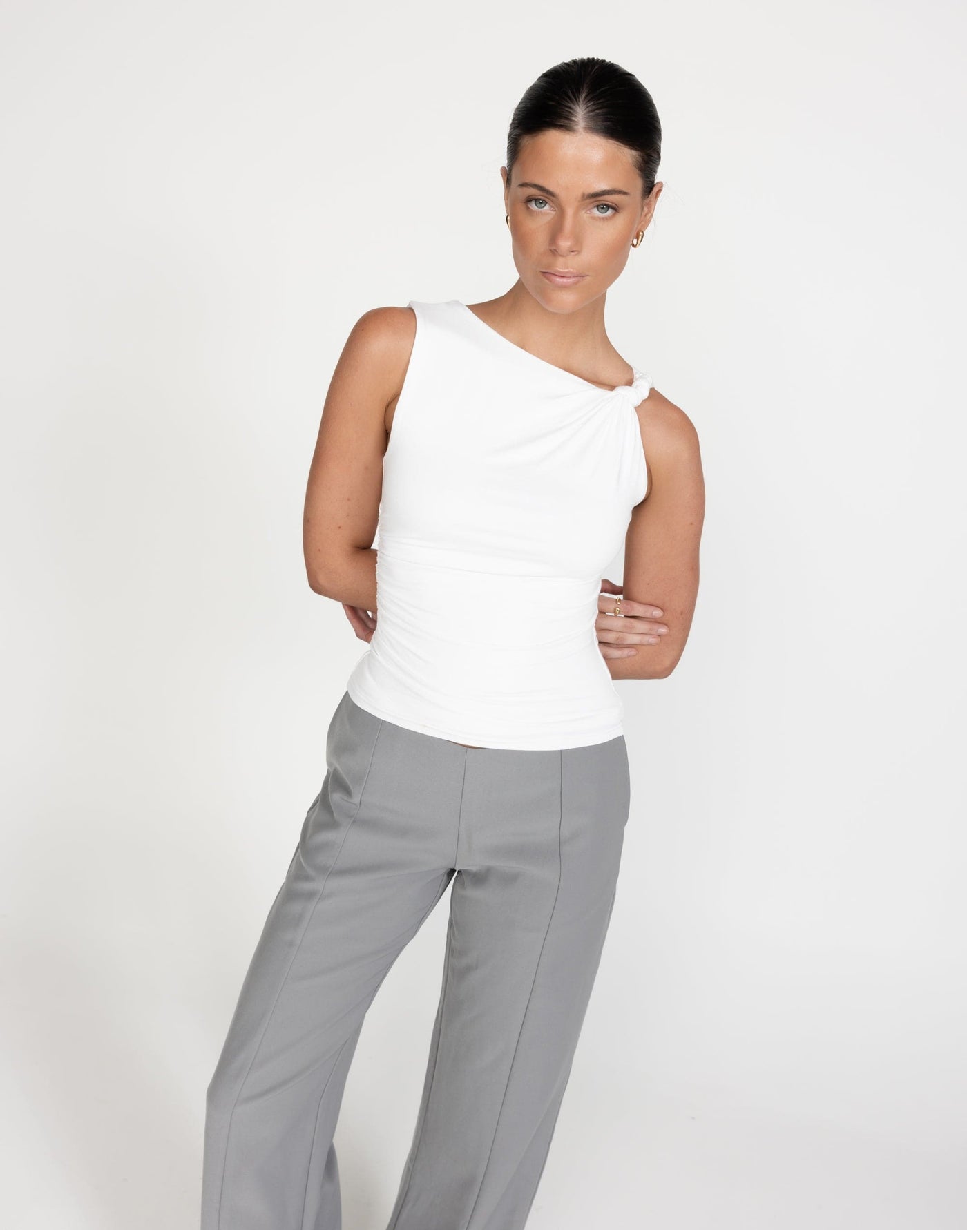 Sahana Top (White) - Twisted Shoulder Bodycon Longline Top - Women's Top - Charcoal Clothing