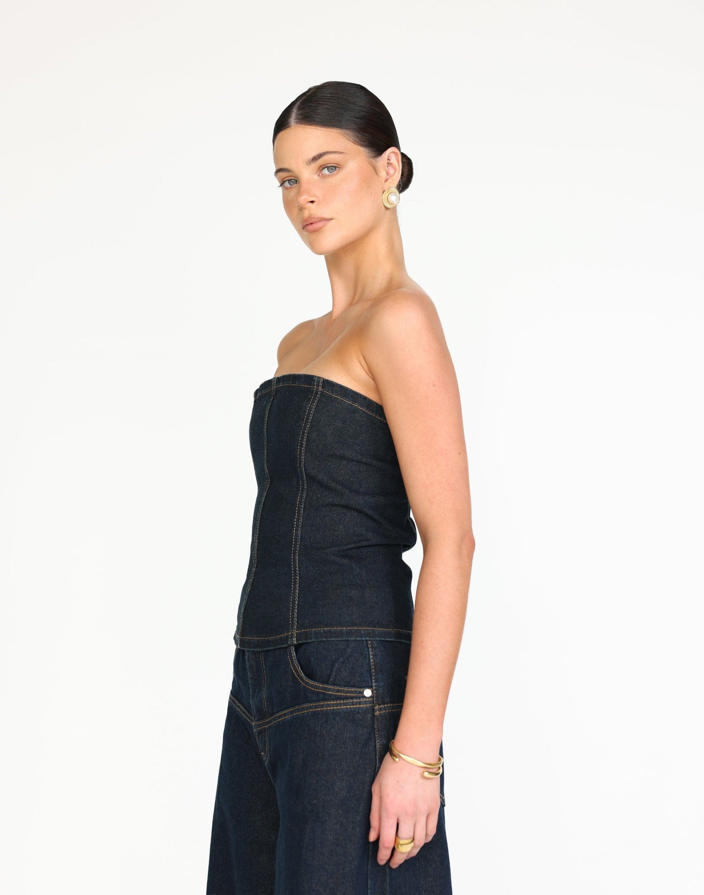 Toni Denim Corset (Indigo) | CHARCOAL Exclusive - Longline Strapless Tube Denim Corset Top - Women's Top - Charcoal Clothing