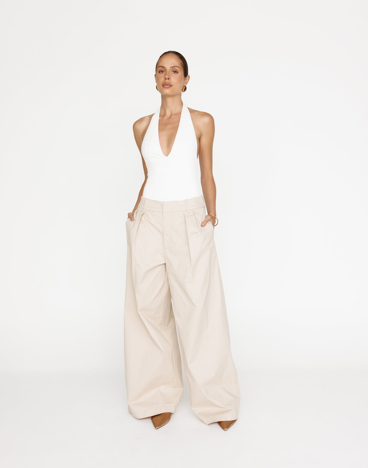 Joelle Pants (Beige) | Charcoal Clothing Exclusive - Low Rise Wide Leg Pants - Women's Pants - Charcoal Clothing