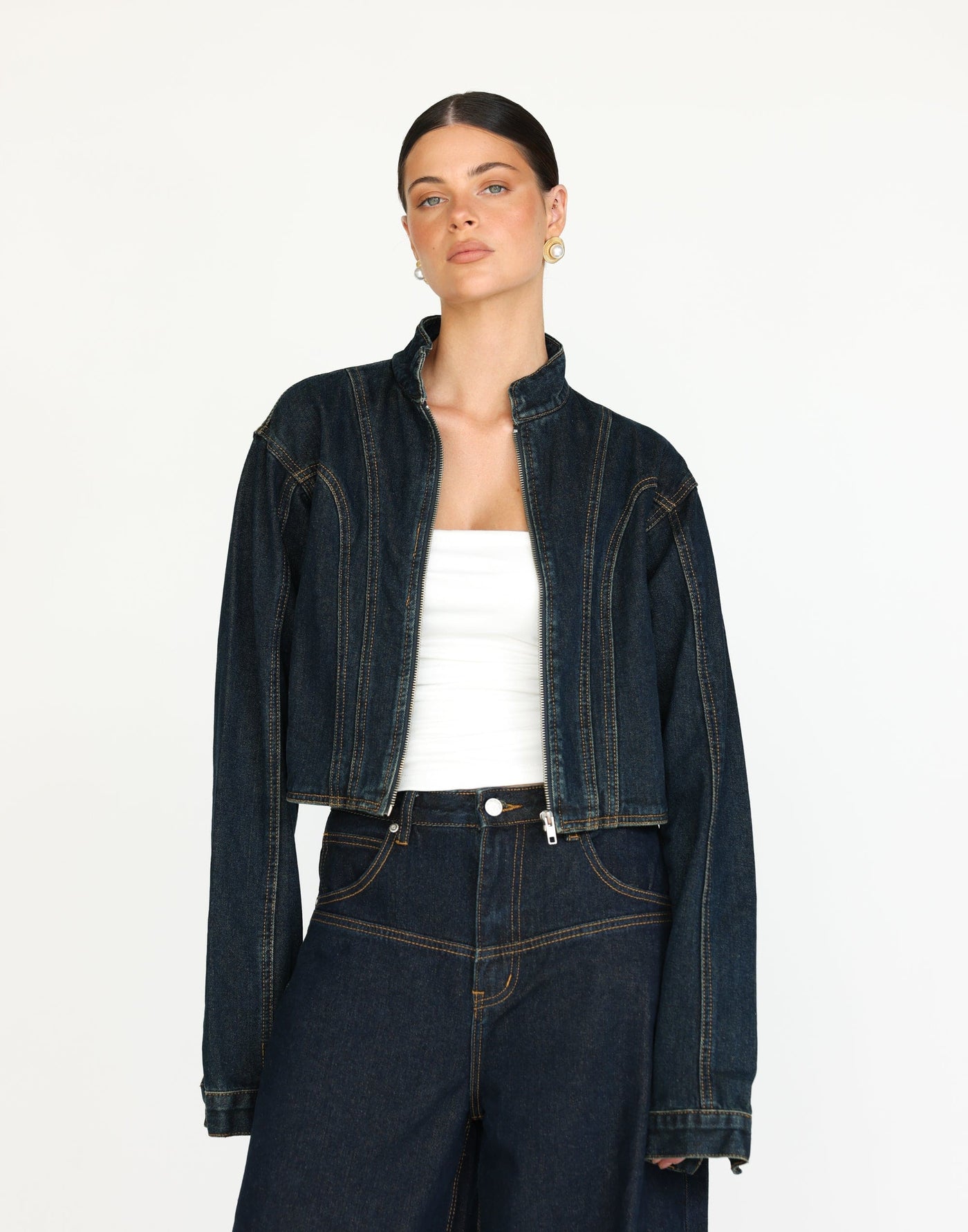 Chad Jacket (Indigo) | CHARCOAL Exclusive - Cropped High Neck Denim Jacket - Women's Outerwear - Charcoal Clothing