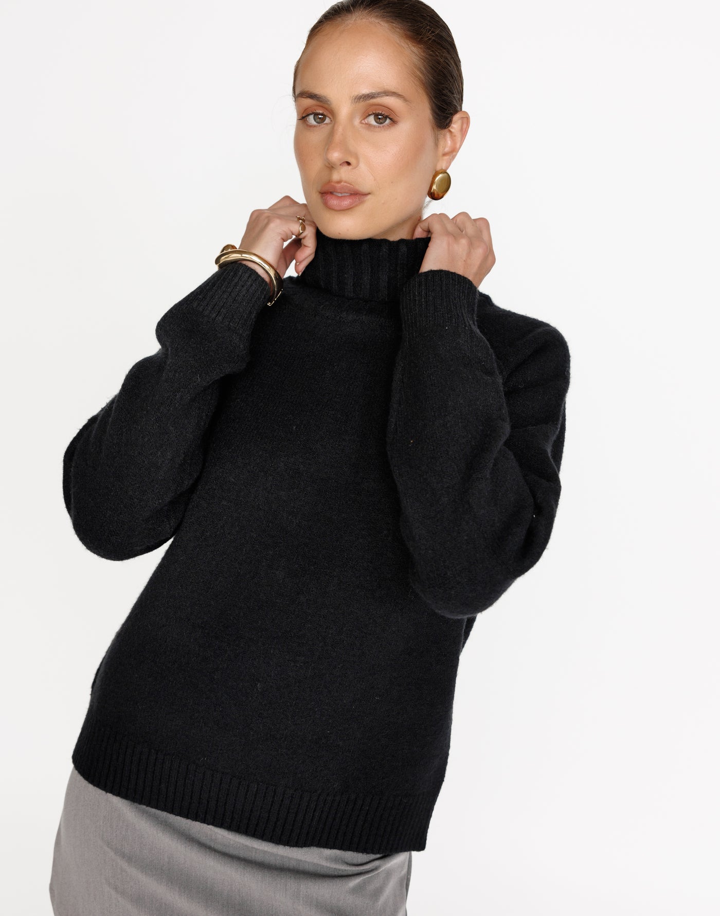 Nathalia Knit Jumper (Black) | CHARCOAL Exclusive - High Neck Relaxed Fit Soft Knit Jumper - Women's Outerwear - Charcoal Clothing