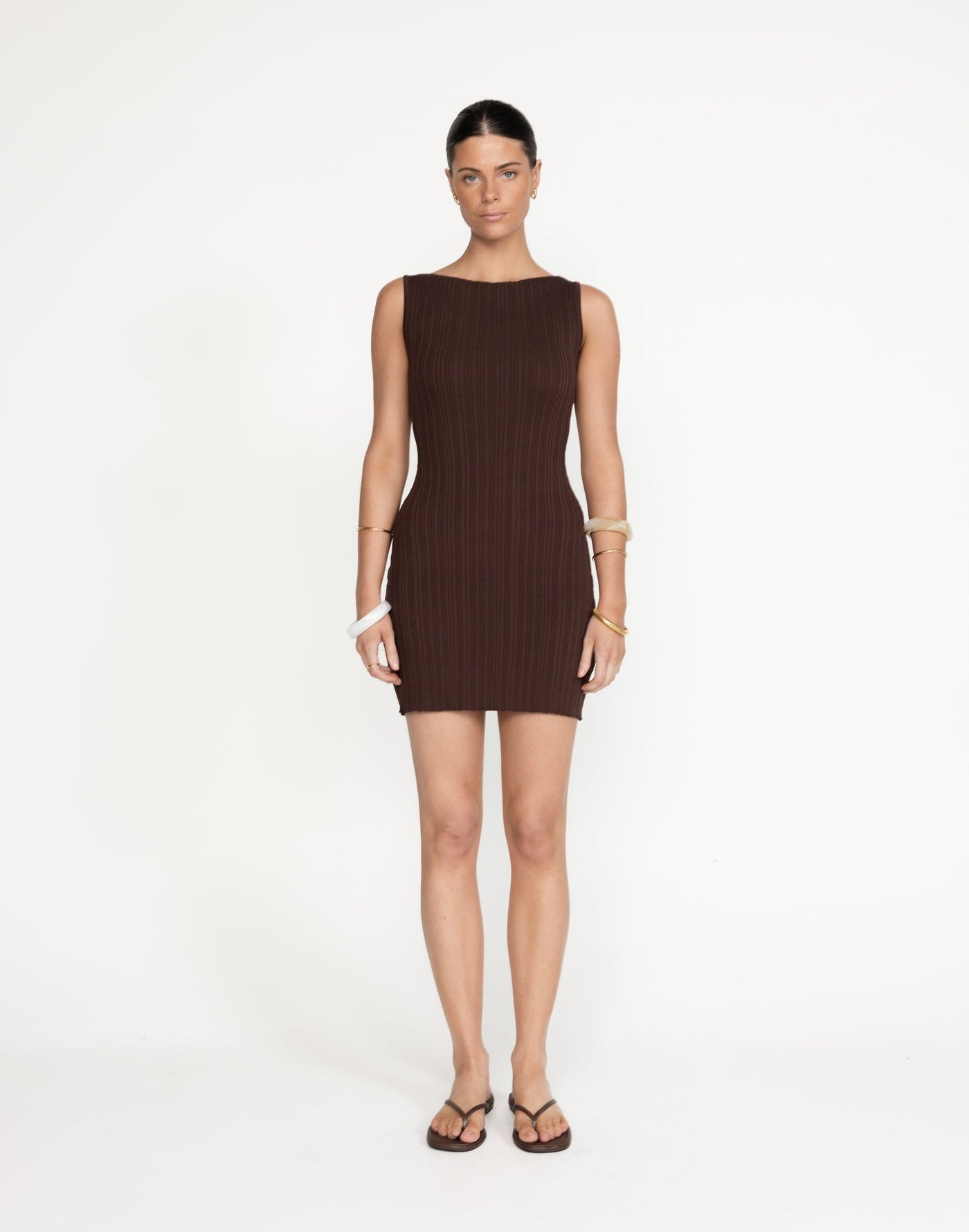 Kienna Mini Dress (Cocoa) - Boat Neck Ribbed Bodycon Mini Dress - Women's Dress - Charcoal Clothing