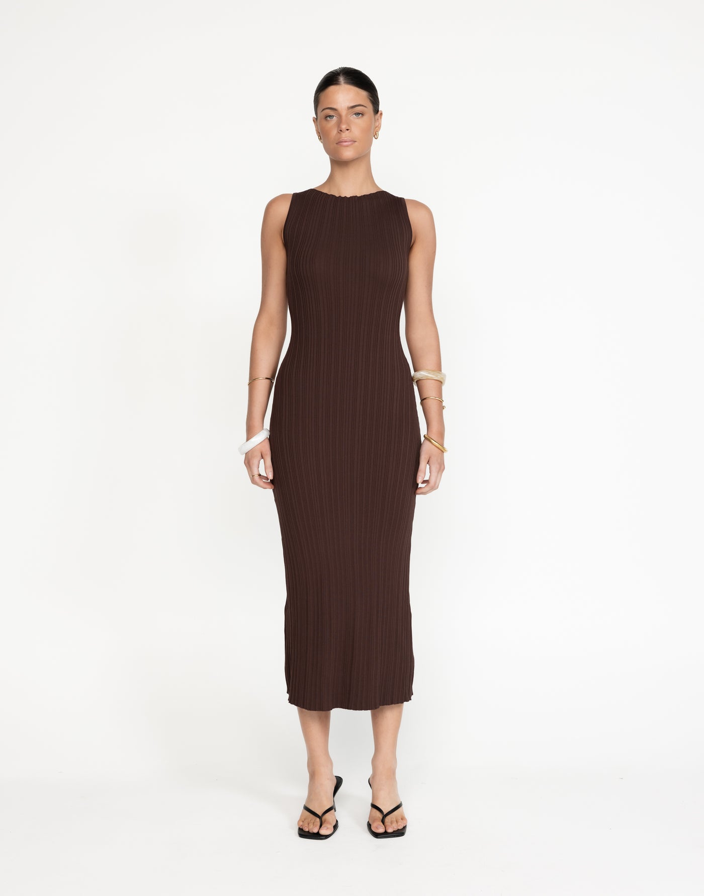 Kienna Maxi Dress (Cocoa) - Boat Neck Ribbed Bodycon Maxi Dress - Women's Dress - Charcoal Clothing