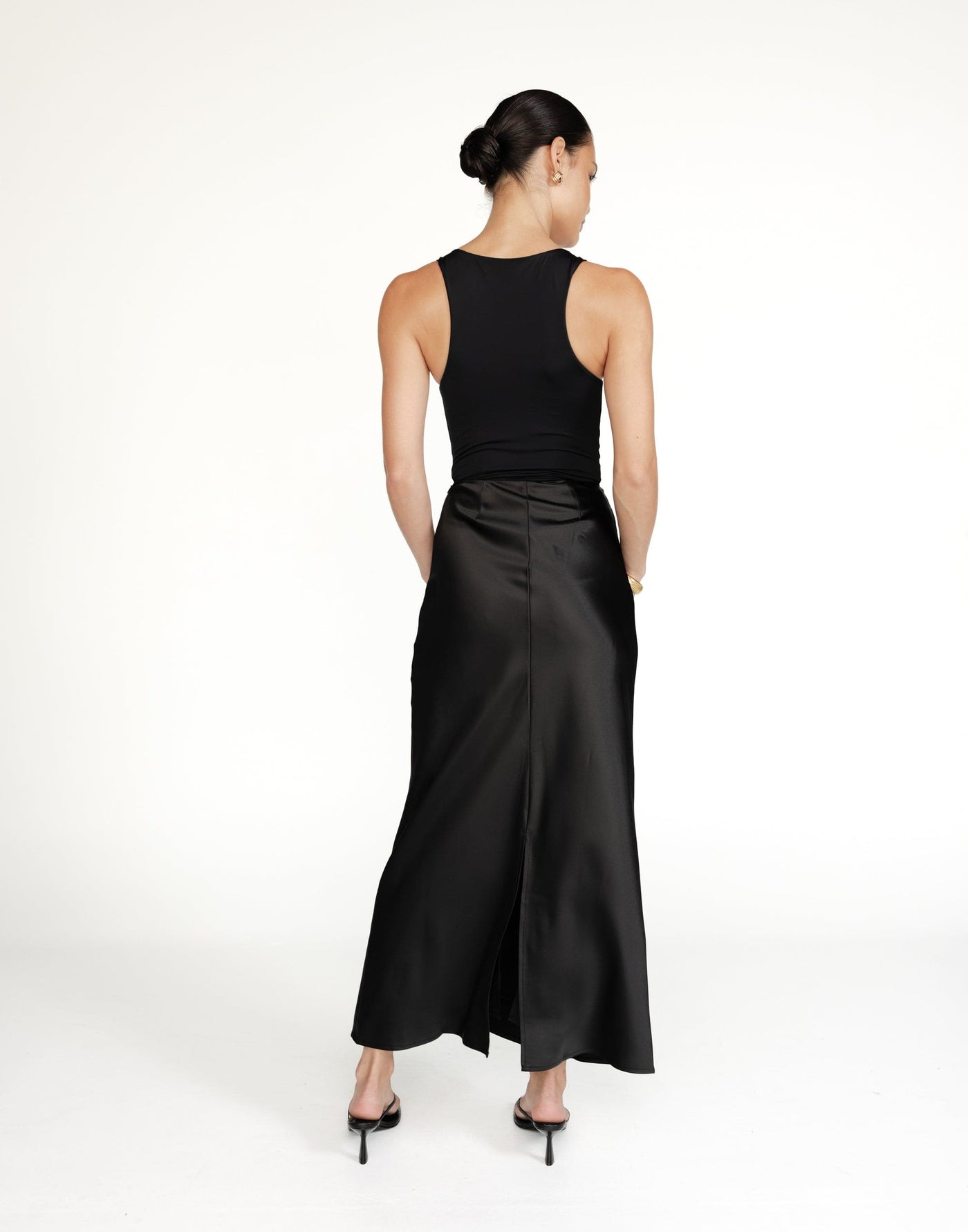 Odelia Maxi Skirt (Black) | CHARCOAL Exclusive - Satin High Waisted Centre Back Split Maxi Skirt - Women's Skirt - Charcoal Clothing