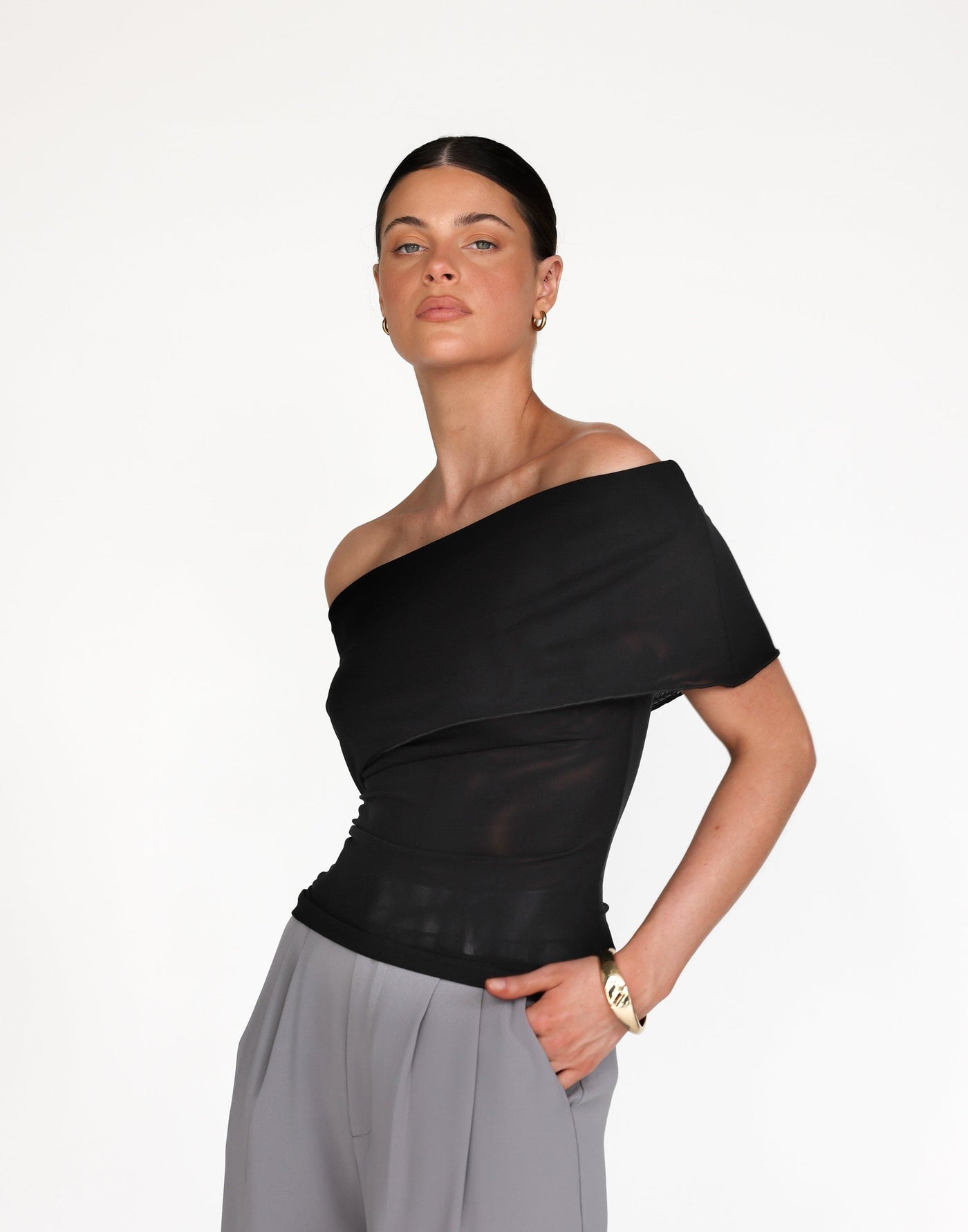 Camren Top (Black) | CHARCOAL Exclusive - Off the Shoulder Fold Over Detail Bodycon Mesh Top - Women's Top - Charcoal Clothing