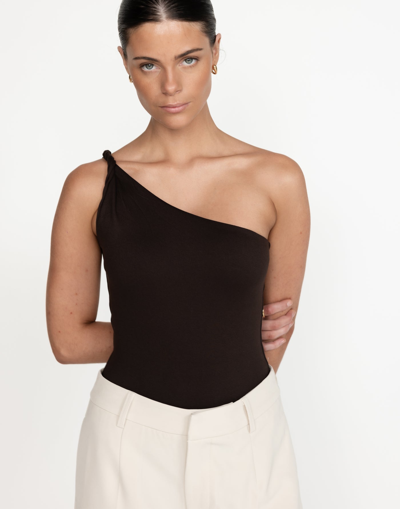 Isa Bodysuit (Chocolate) | CHARCOAL Exclusive - Twisted One Shoulder Bodycon Bodysuit - Women's Top - Charcoal Clothing