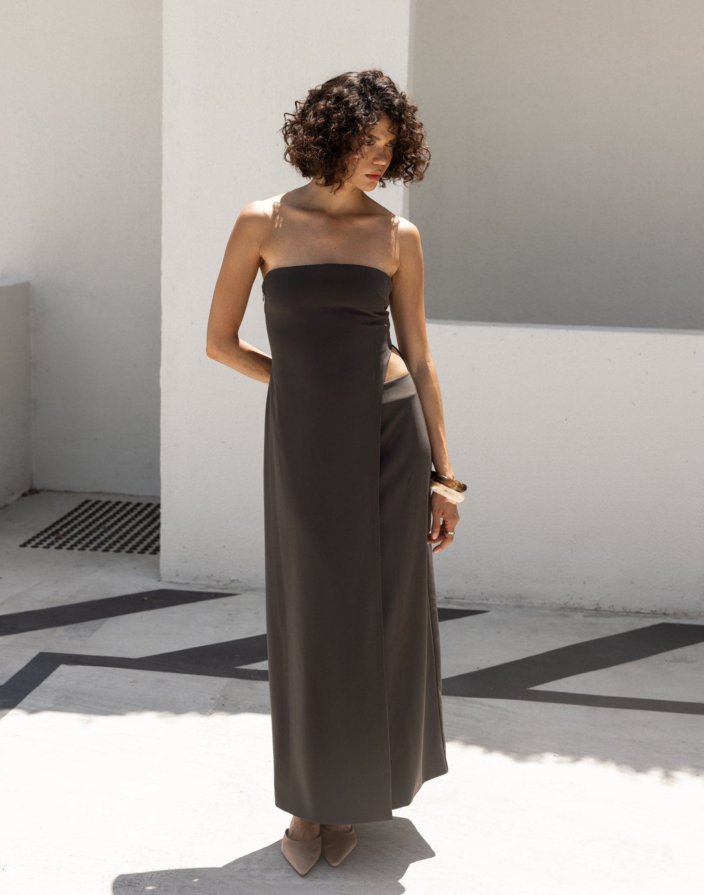 Gabby Maxi Dress (Charcoal) | CHARCOAL Exclusive - Wrapped Look Strapless Suiting Maxi Dress - Women's Dress - Charcoal Clothing