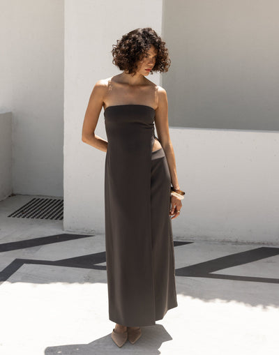 Gabby Maxi Dress (Charcoal) | CHARCOAL Exclusive - Wrapped Look Strapless Suiting Maxi Dress - Women's Dress - Charcoal Clothing