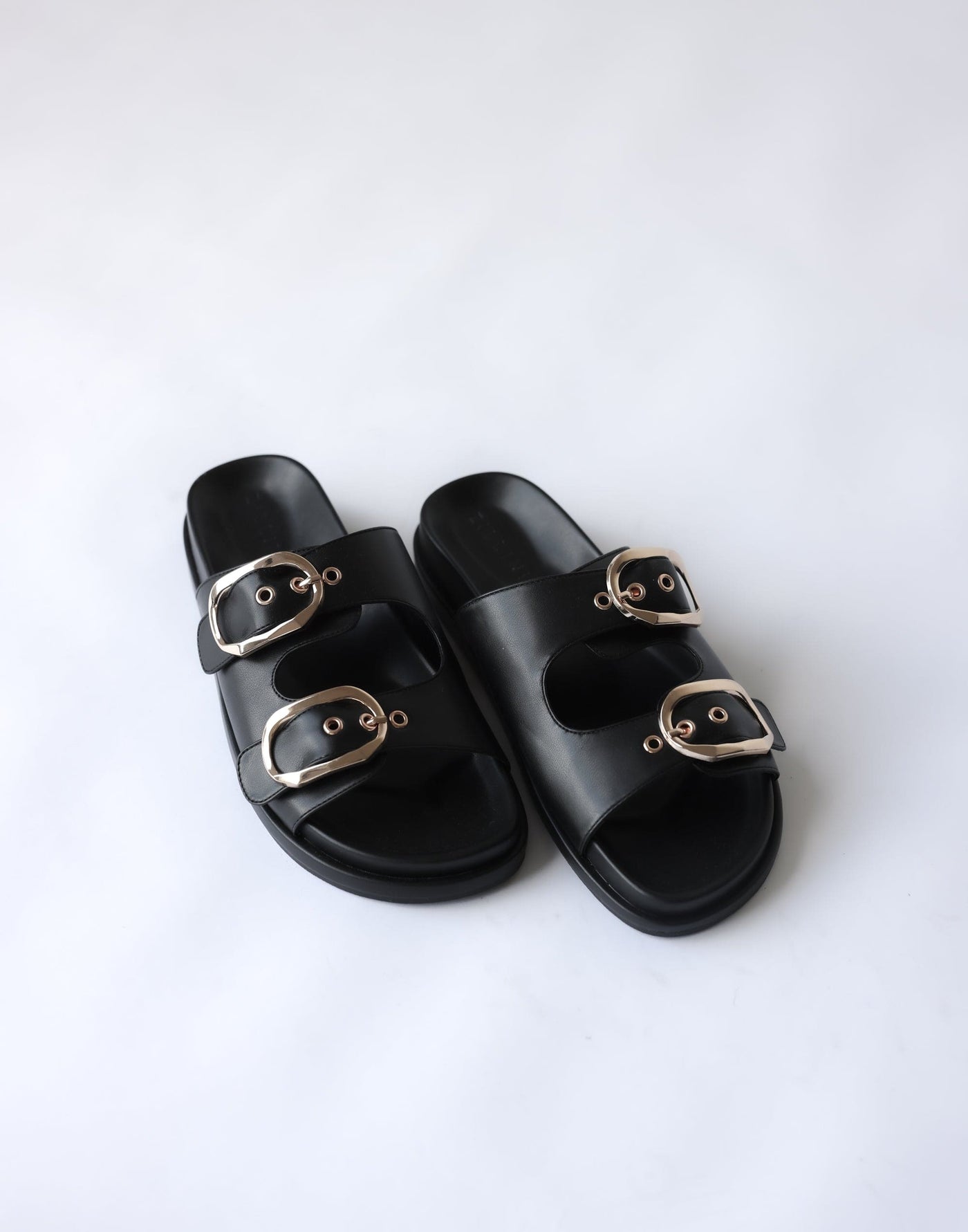 Kasen Slides (Black) - By Billini - Gold Embellishment Dual Strap Slides - Women's Shoes - Charcoal Clothing