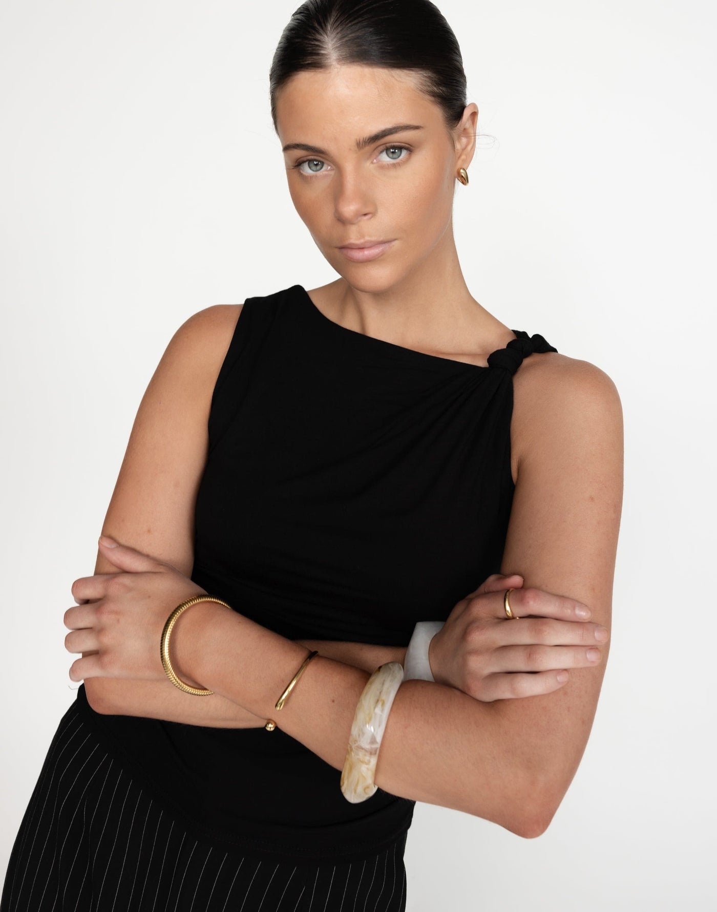 Sahana Top (Black) - Twisted Shoulder Bodycon Longline Top - Women's Top - Charcoal Clothing