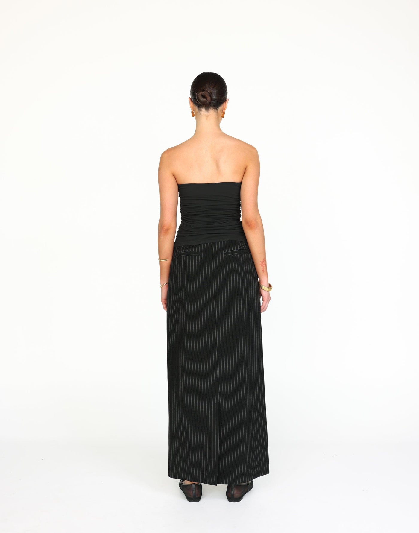 Kenza Maxi Skirt (Black Pinstripe) | CHARCOAL Exclusive - High Waisted Suiting Pocket Detail Maxi Skirt - Women's Skirt - Charcoal Clothing