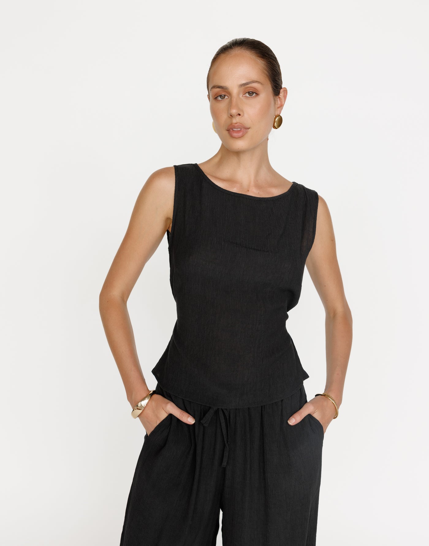 Mariam Top (Black) | CHARCOAL Exclusive - Textured Adjustable Back Tie Top - Women's Top - Charcoal Clothing