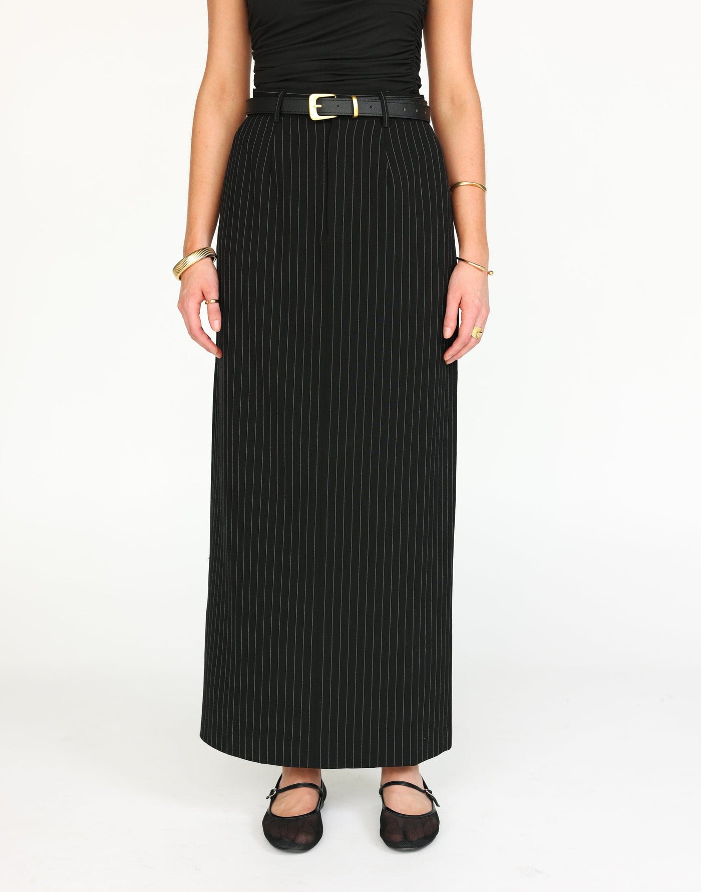 Kenza Maxi Skirt (Black Pinstripe) | CHARCOAL Exclusive - High Waisted Suiting Pocket Detail Maxi Skirt - Women's Skirt - Charcoal Clothing