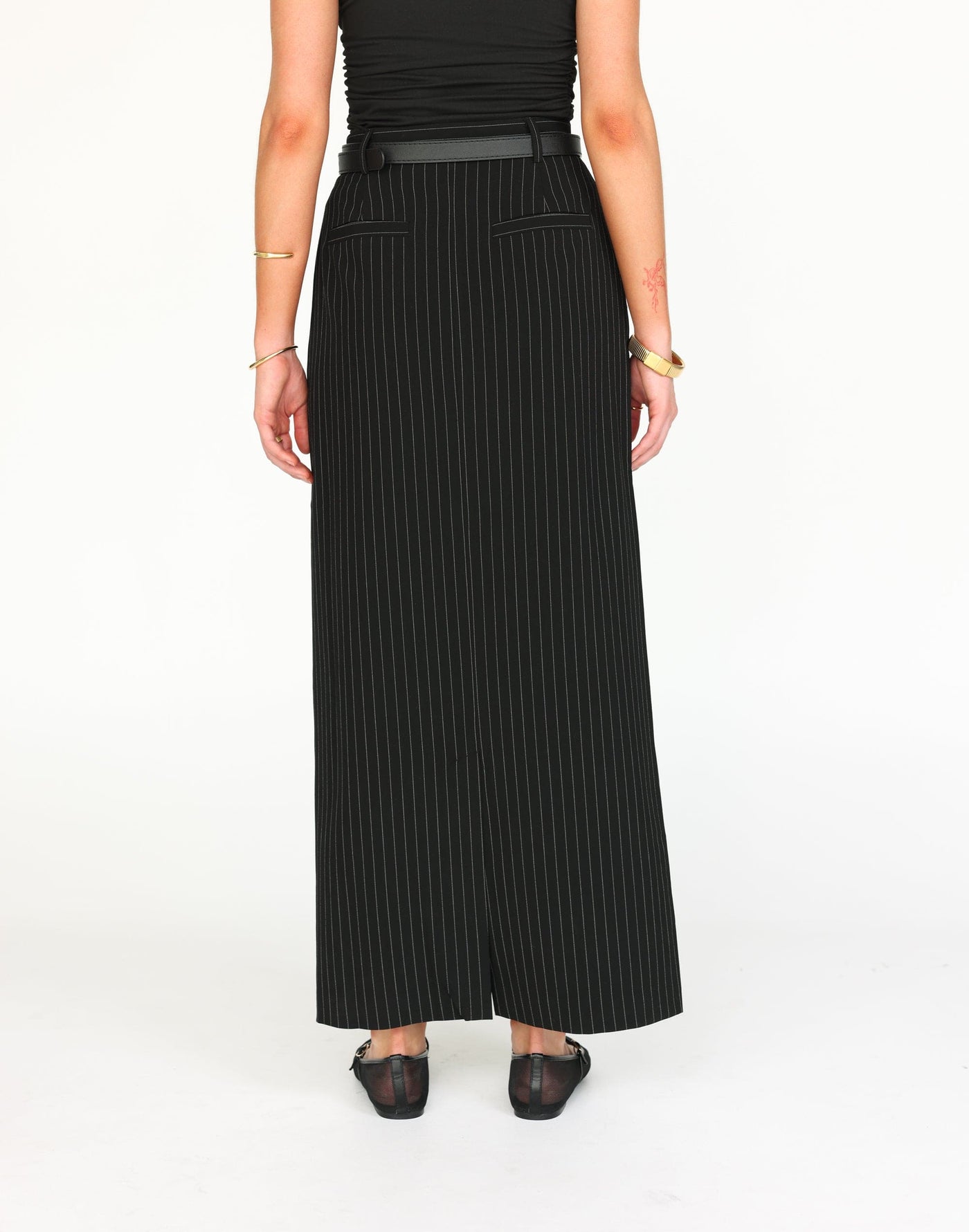 Kenza Maxi Skirt (Black Pinstripe) | CHARCOAL Exclusive - High Waisted Suiting Pocket Detail Maxi Skirt - Women's Skirt - Charcoal Clothing