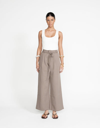 Mason Pants (Taupe Pinstripe) - Pinstripe High Waisted Pants with Additional Waist Tie - Women's Pants - Charcoal Clothing