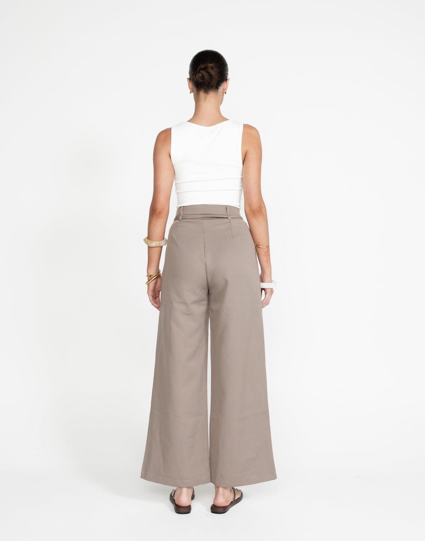 Mason Pants (Taupe Pinstripe) - Pinstripe High Waisted Pants with Additional Waist Tie - Women's Pants - Charcoal Clothing