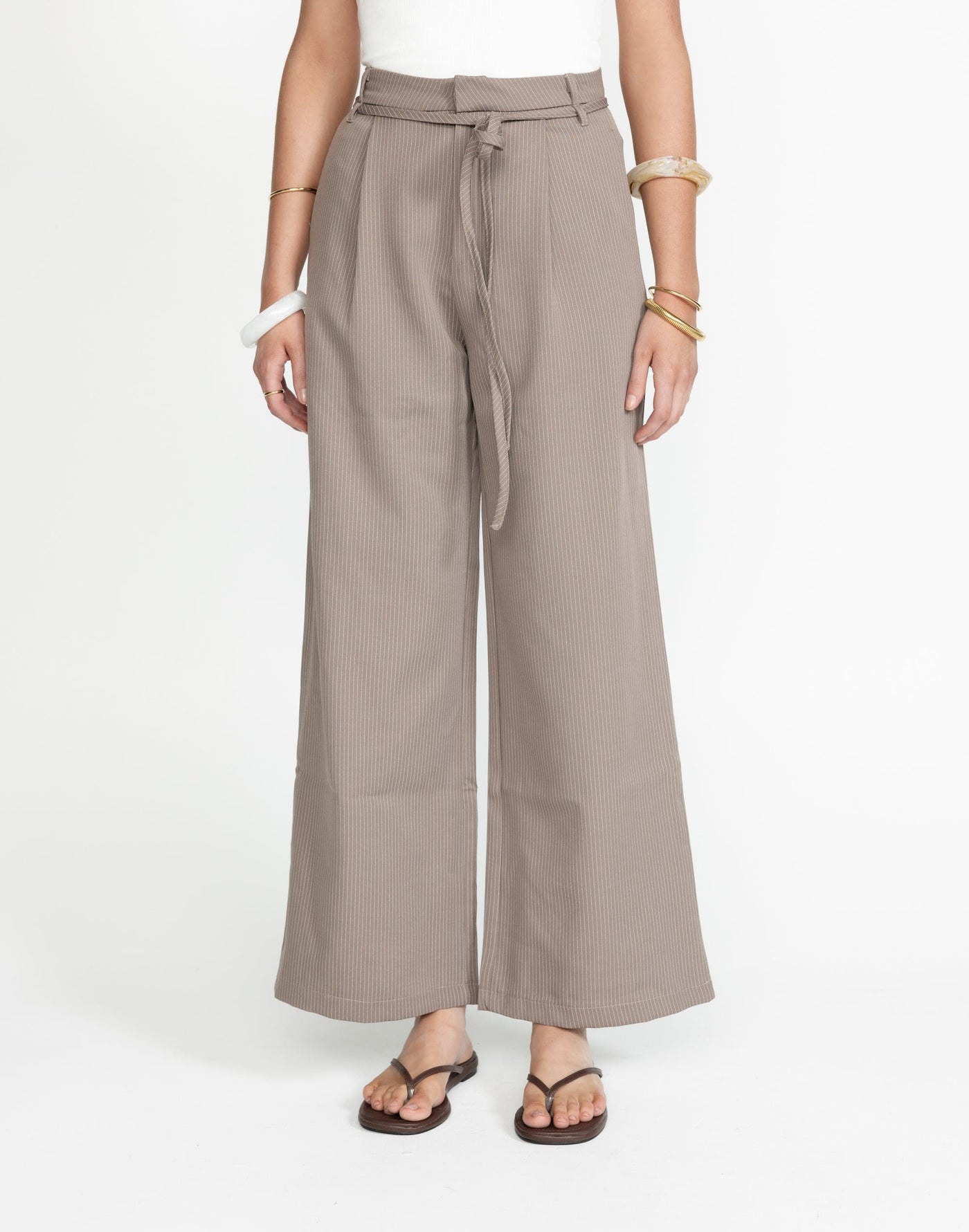 Mason Pants (Taupe Pinstripe) - Pinstripe High Waisted Pants with Additional Waist Tie - Women's Pants - Charcoal Clothing