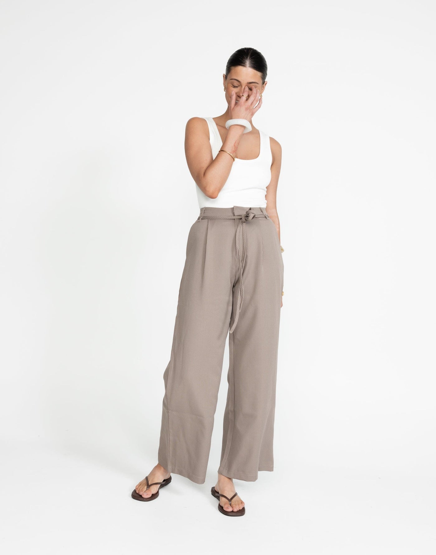 Mason Pants (Taupe Pinstripe) - Pinstripe High Waisted Pants with Additional Waist Tie - Women's Pants - Charcoal Clothing