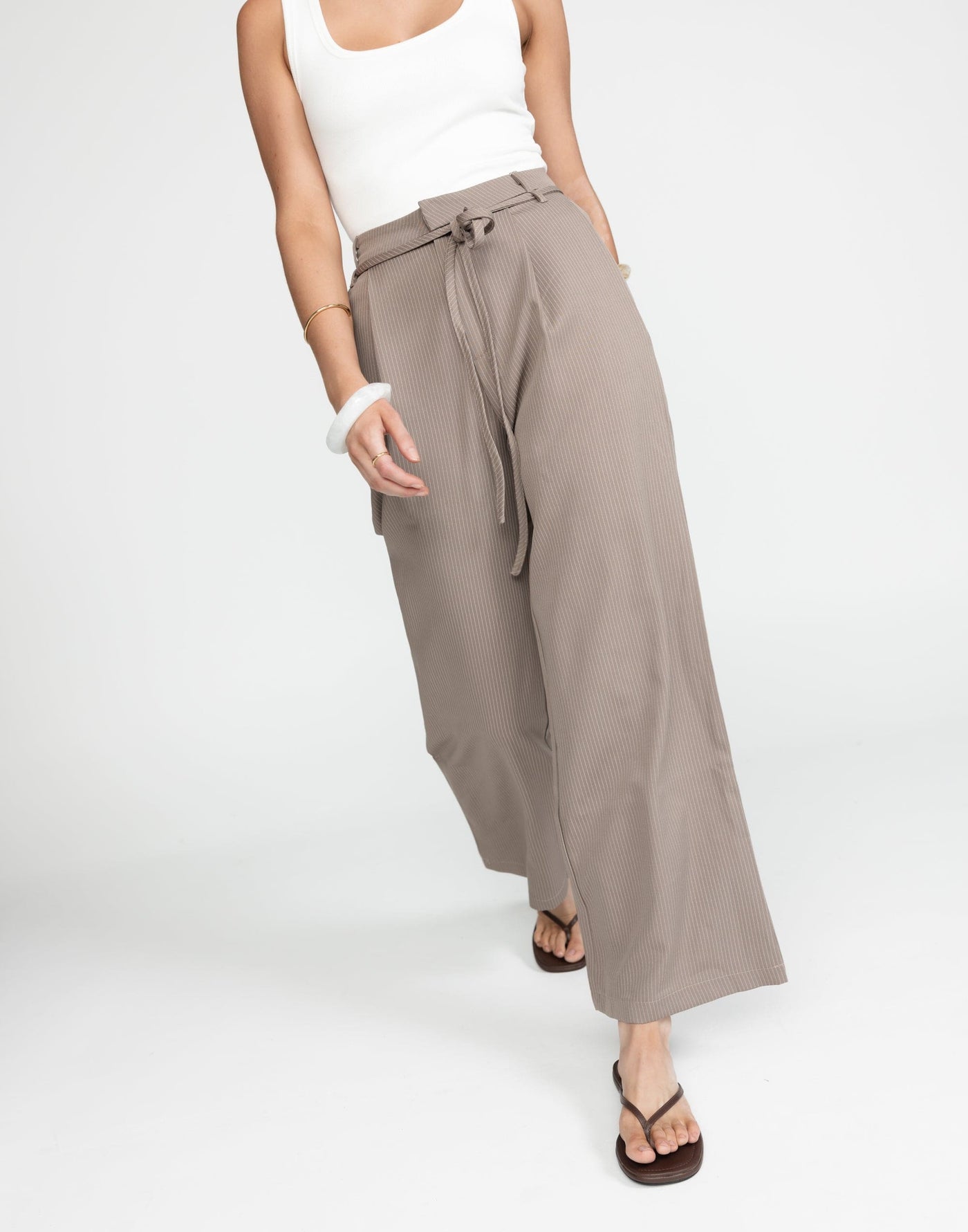 Mason Pants (Taupe Pinstripe) - Pinstripe High Waisted Pants with Additional Waist Tie - Women's Pants - Charcoal Clothing