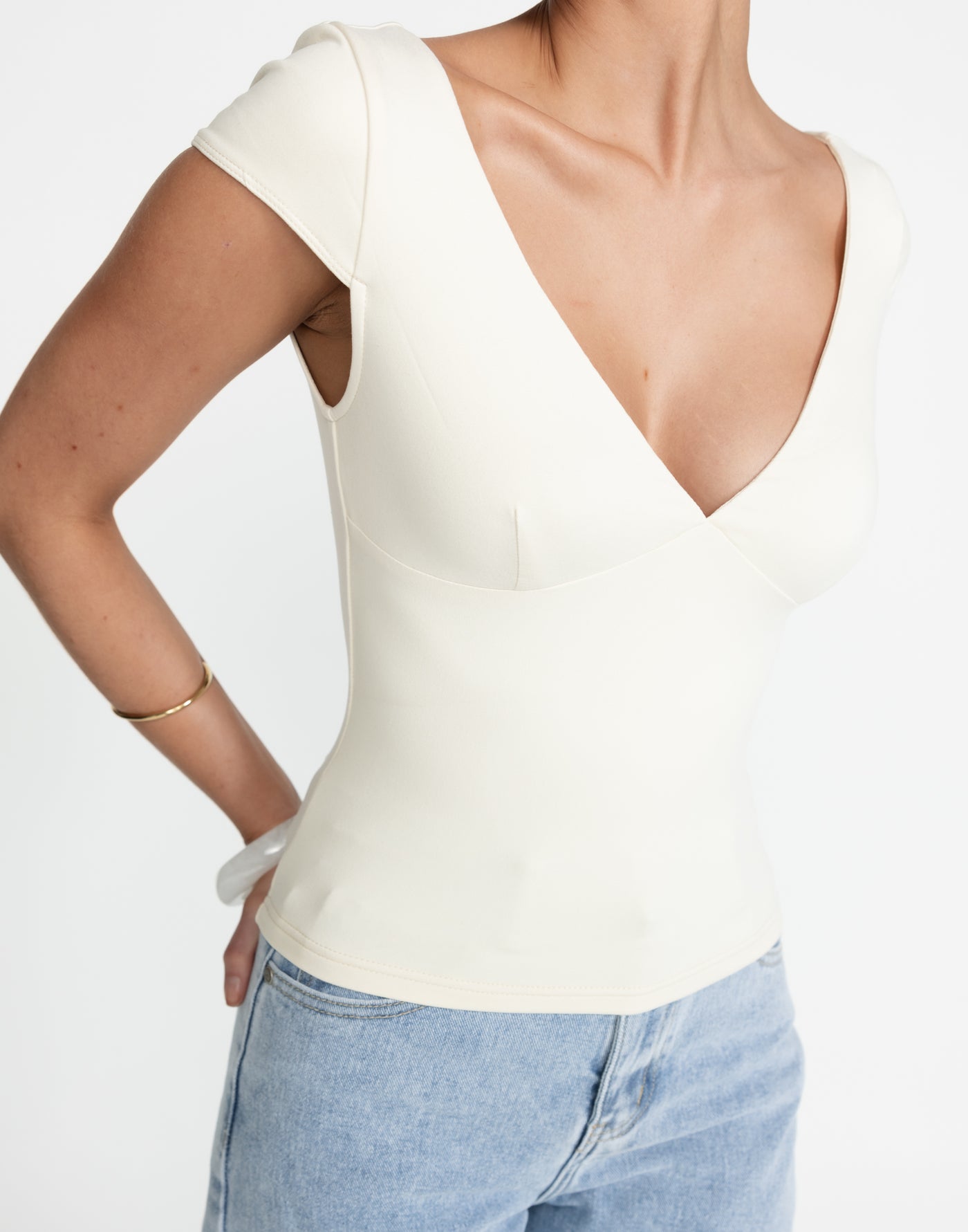 Melody Top (Oat) | CHARCOAL Exclusive - V-neckline Jersey Top - Women's Top - Charcoal Clothing