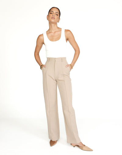 Colden Pants (Beige) - High Waisted Pleat Detail Pants - Women's Pants - Charcoal Clothing